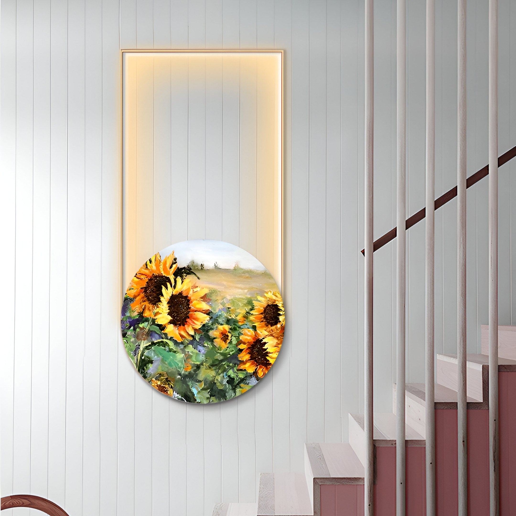 The Orion Sunflower Fields II Oil Painting LED Wall Art by Giant Sculptures is displayed on a wall with vertical wood paneling, highlighted by a warm rectangular backlight, alongside a wooden staircase and white railings.