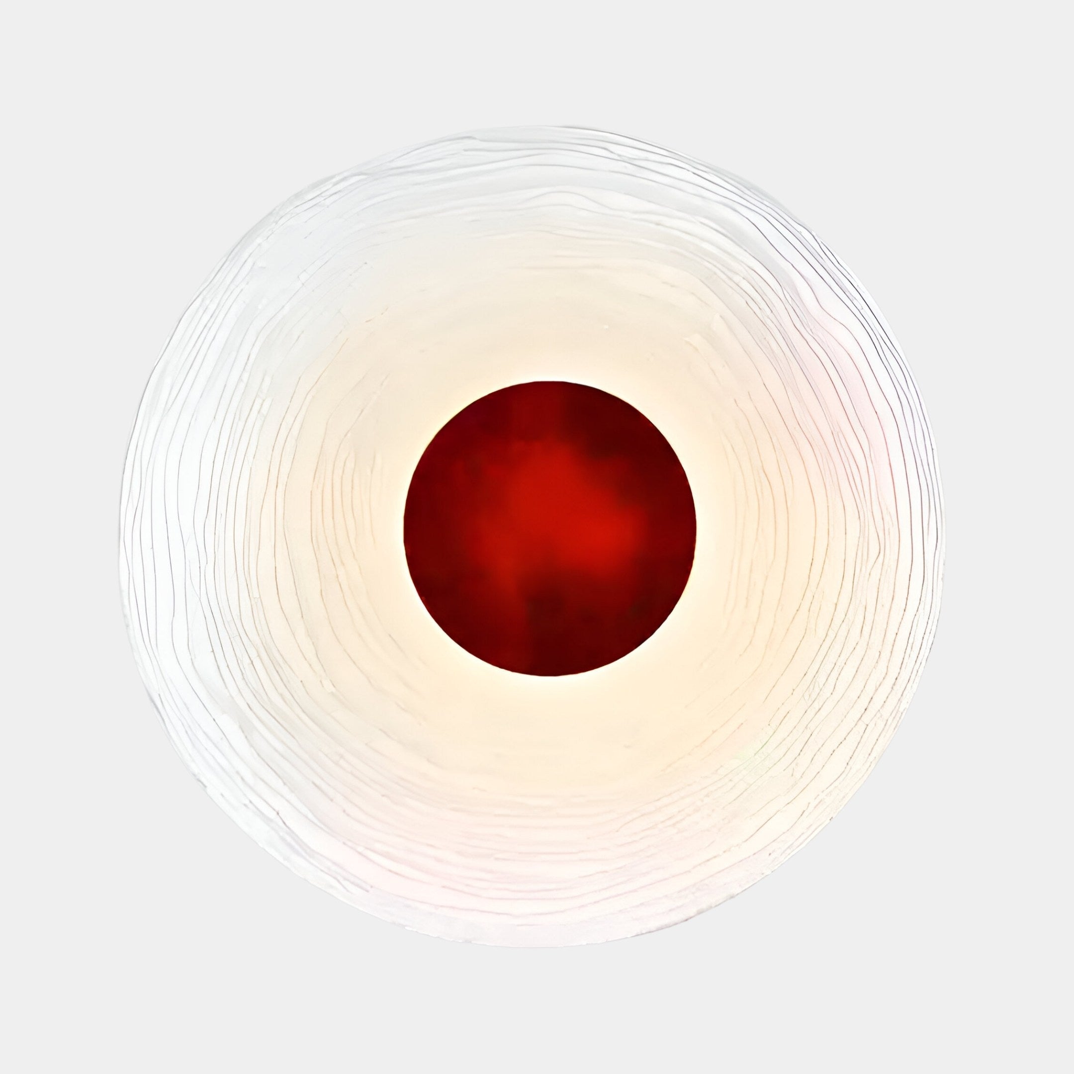 The Ventus Crimson Flame Wood Carving 3D LED Wall Art by Giant Sculptures features an abstract image with a red center like a Crimson Flame, encircled by white textured rings, reminiscent of a stylized target on a light gray background.