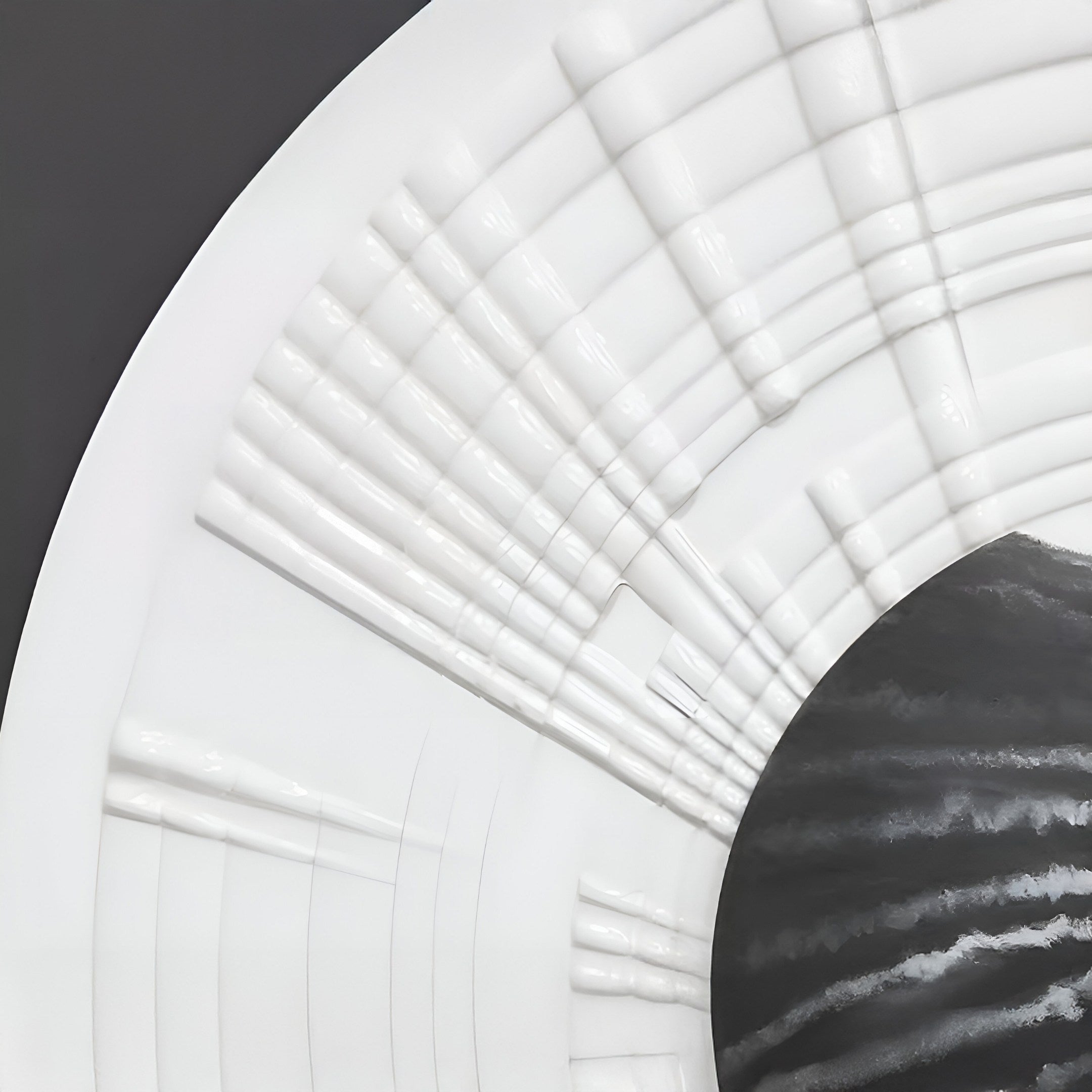 The Ventus Onyx Strata Wood Carving 3D LED Wall Art by Giant Sculptures features abstract art with a white, curved structure and textured segments like wood carving, radiating around an onyx swirling area. The background offers a soft gradient from dark to light.