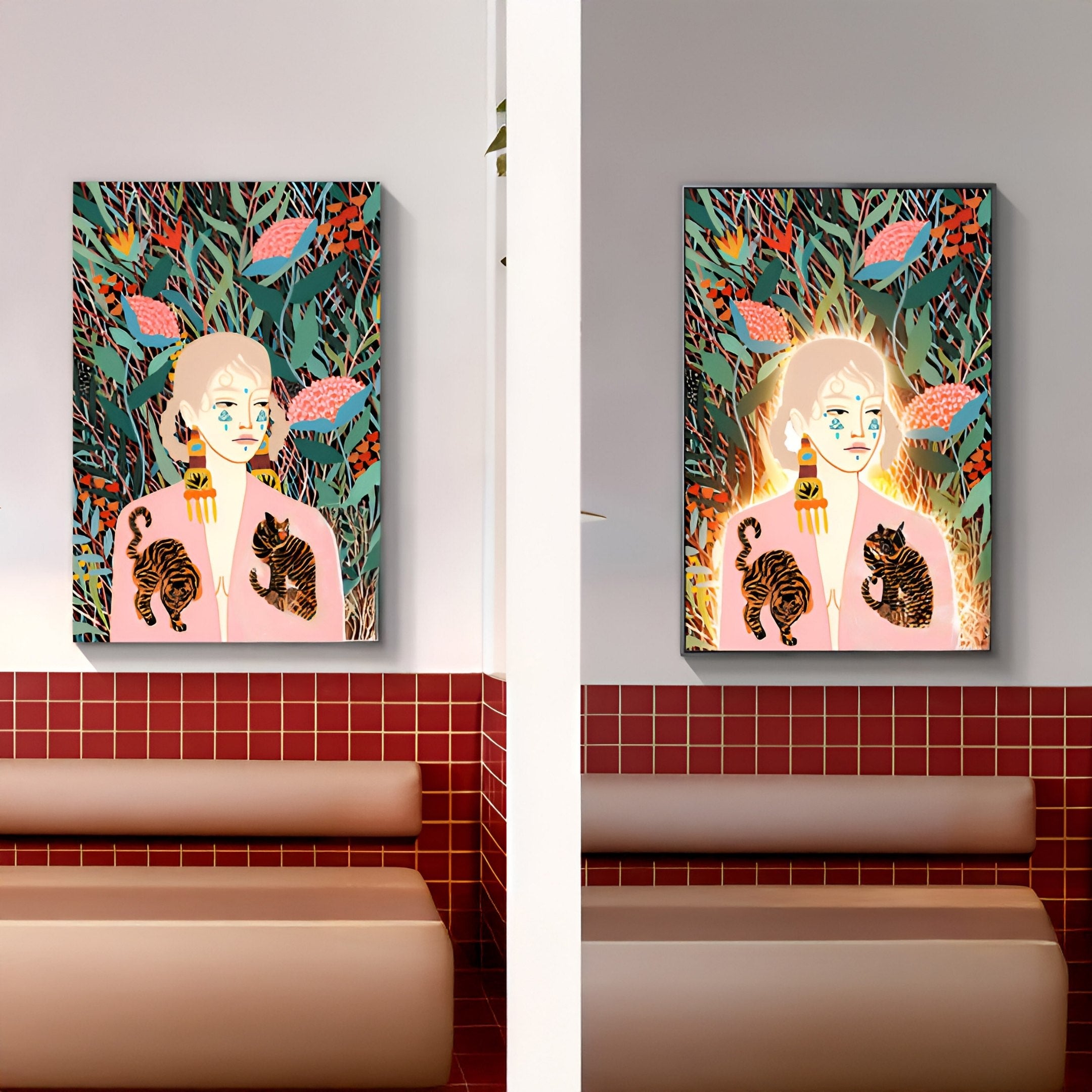 The Solana Bohemian Muse Wood Relief 3D LED Wall Art by Giant Sculptures, featuring people amidst lush foliage with cat and tiger motifs, is mounted above a brown bench against a red-tiled wall for a vibrant, modern ambiance.