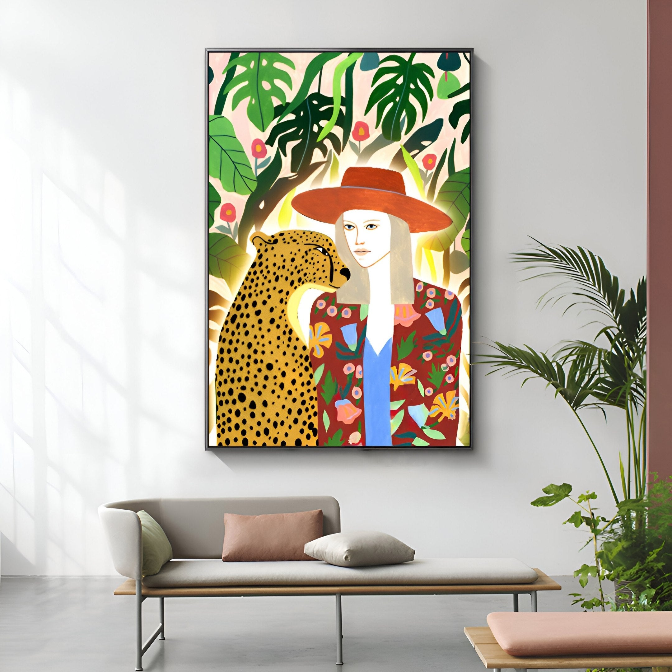 On the wall, Giant Sculptures Solana Tropical Elegance Wood Relief 3D LED Wall Art features a woman in a colorful outfit and hat beside a leopard amidst lush green leaves and abstract shapes. Below, a sofa with cushions and an adjacent plant enhances the vibrant allure of the room.