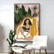 The Solana Wild Serenity Wood Relief 3D LED Wall Art by Giant Sculptures features a woman with long black hair in a multicolored top and white skirt, sitting with a leopard amid lush tropical foliage. A potted cactus and white chair enhance the vibrant scene, adding depth to this stunning piece.