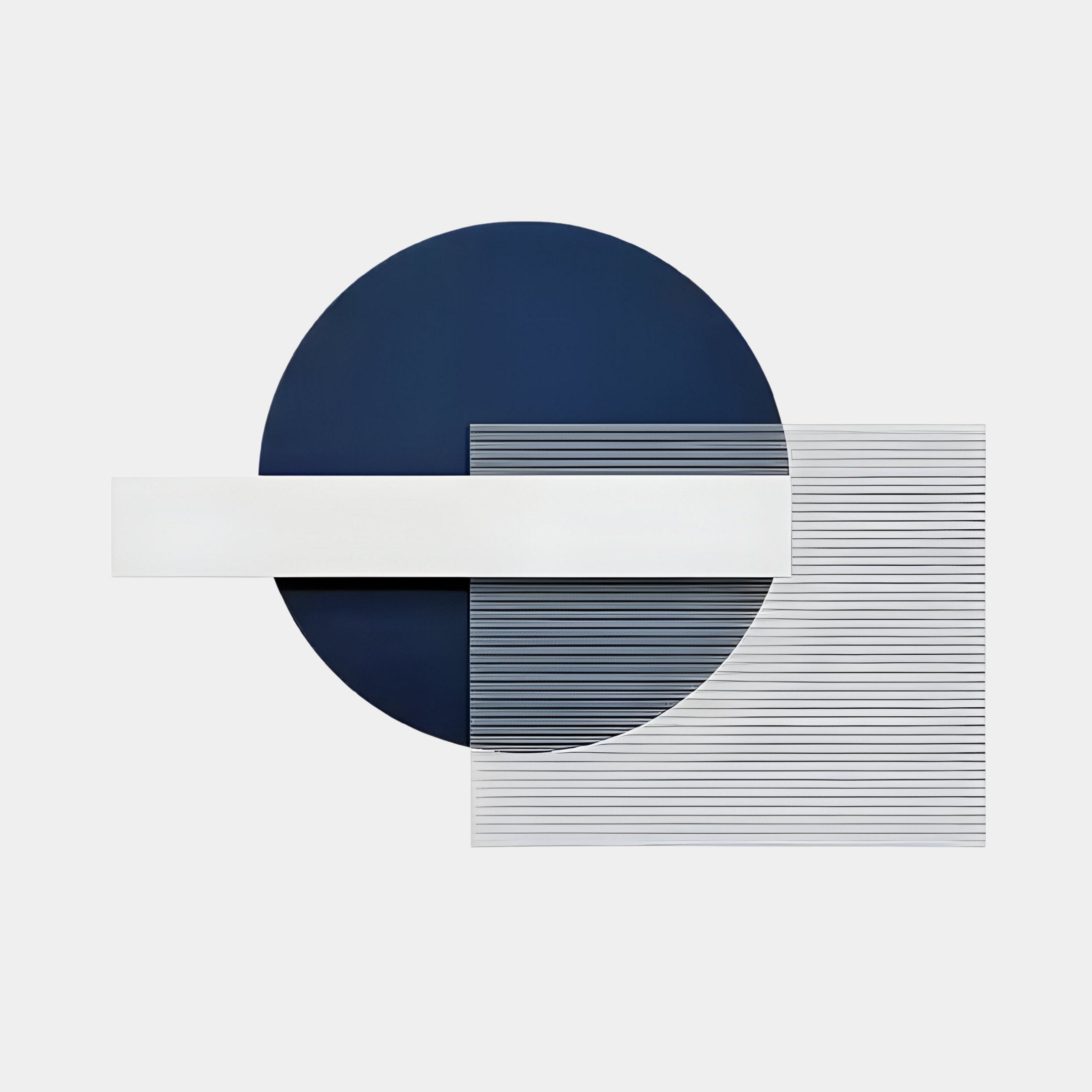 The Aeon Midnight Indigo Leather 3D LED Wall Art by Giant Sculptures showcases a navy blue circle overlapped by a white rectangle and a striped square on a light gray backdrop, offering contemporary aesthetics for modern spaces.