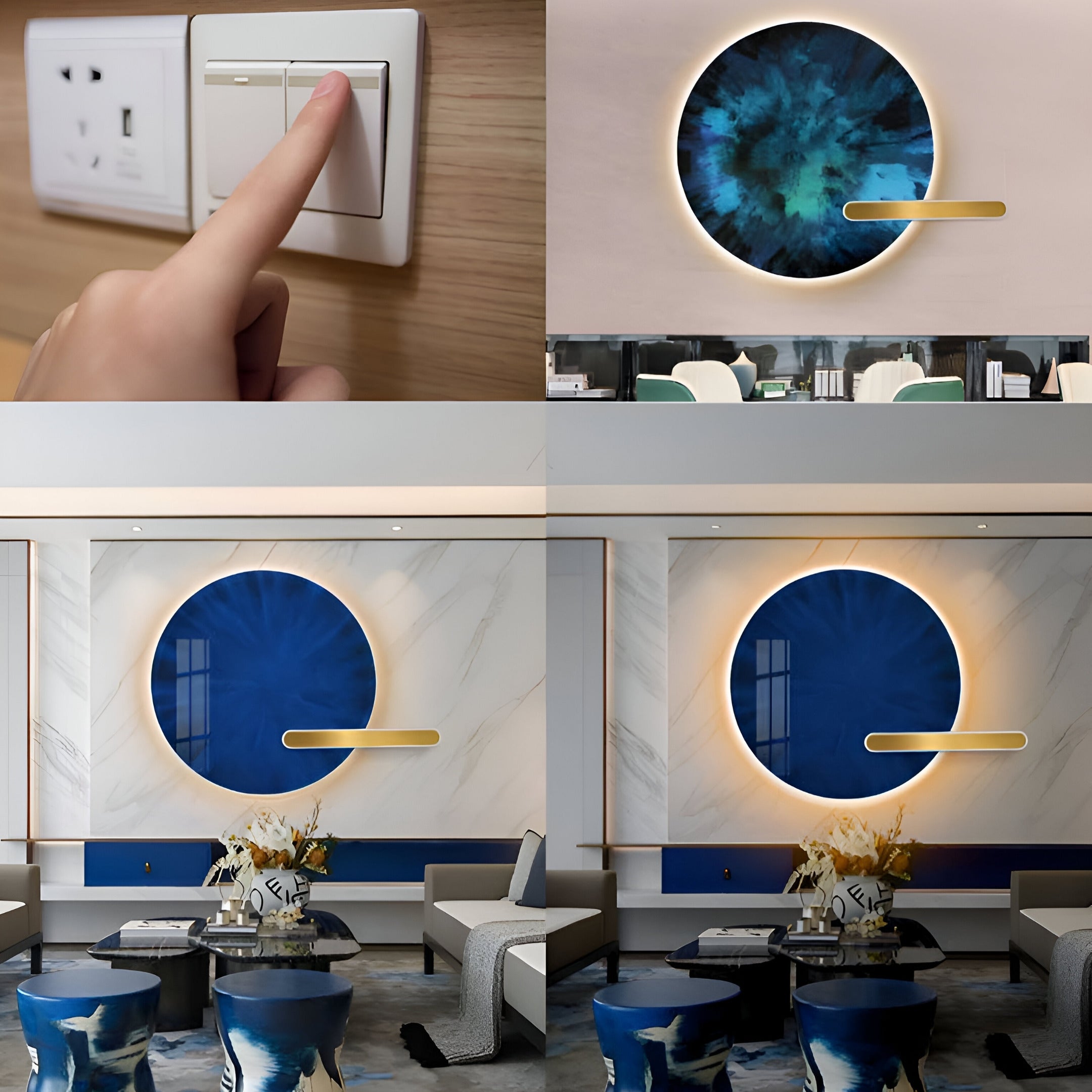 A four-panel image: A hand flipping a light switch; a round Lumea Sapphire 3D LED Crystal Porcelain Wall Art by Giant Sculptures with green and blue hues on a wall; a modern living room featuring the LED-lit artwork above a couch; the same room with different decor.