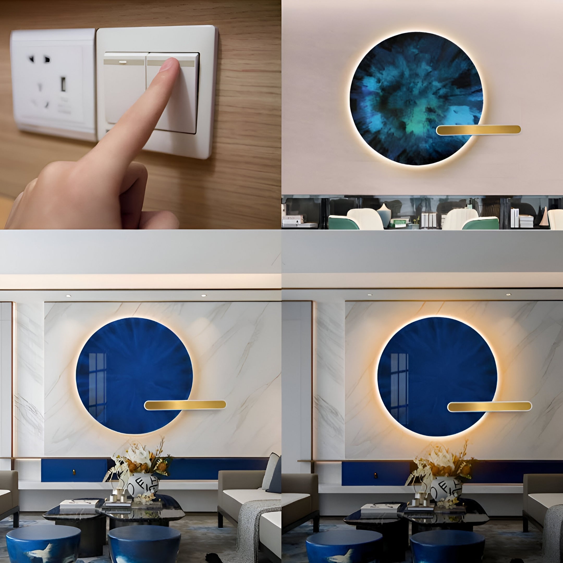 Collage with four images: a hand turning on a light switch, the Lumea Abstract Blue 3D LED Crystal Porcelain Wall Art by Giant Sculptures, adorning a lobbys marble wall, and a wider view of modern interiors featuring multiple chairs and tables.