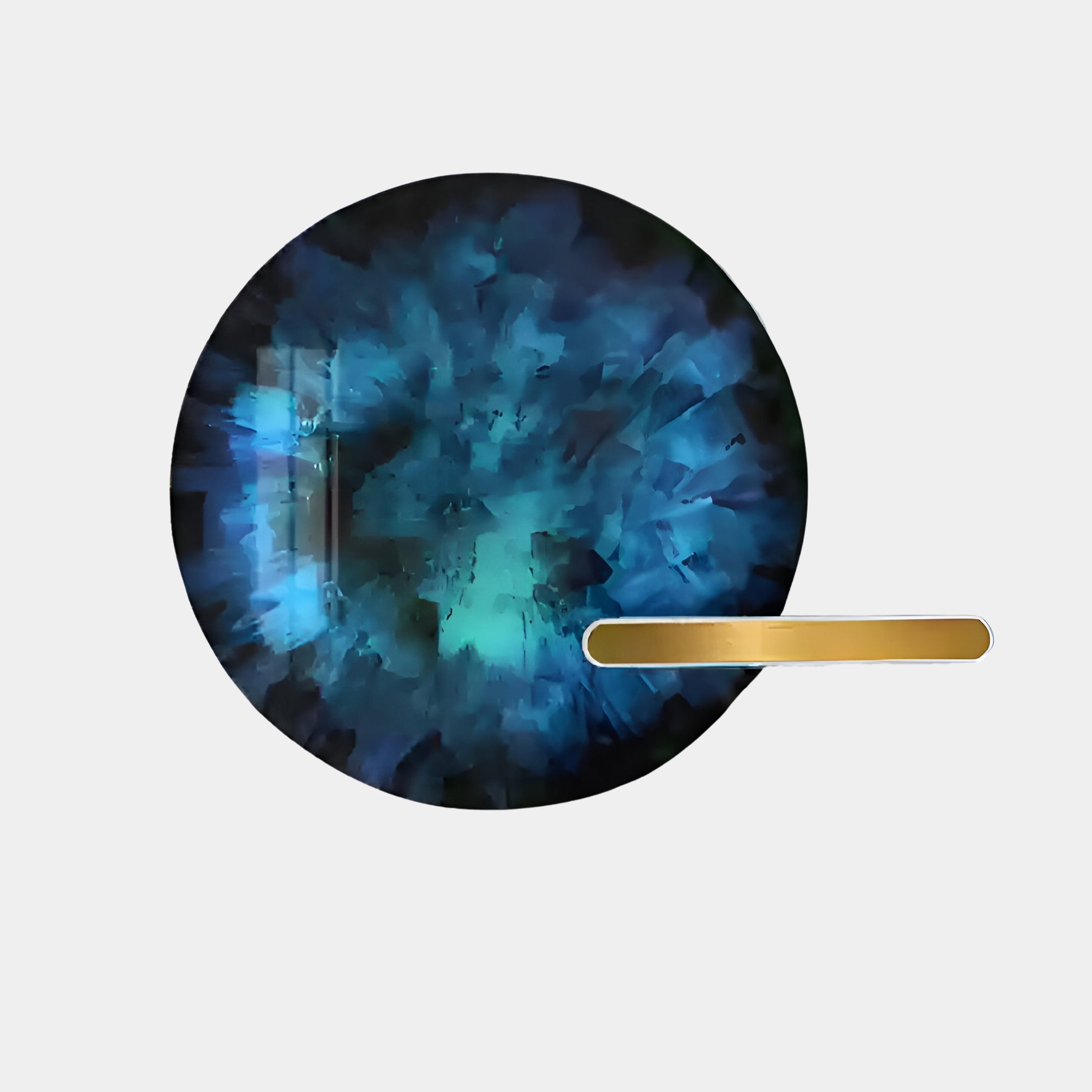 The Lumea Abstract Blue 3D LED Crystal Porcelain Wall Art by Giant Sculptures features a modern circular blue and teal design with a gold vertical bar, offering a multifaceted, crystalline look similar to 3D LED art, standing out against a plain white background.