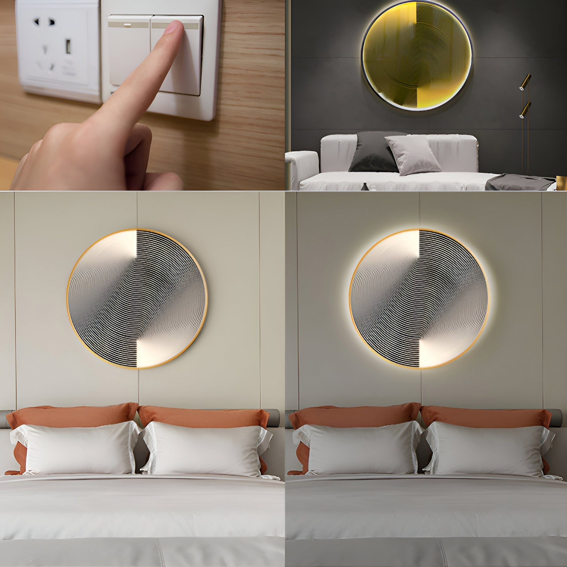 Top left: Finger pressing a switch on a wooden wall. Top right: Modern bedroom with a white bed, round wall art, and lamp. Bottom: Bed shown twice with Astral Silver Crystal Porcelain LED Wall Art by Giant Sculptures above in varying lighting.