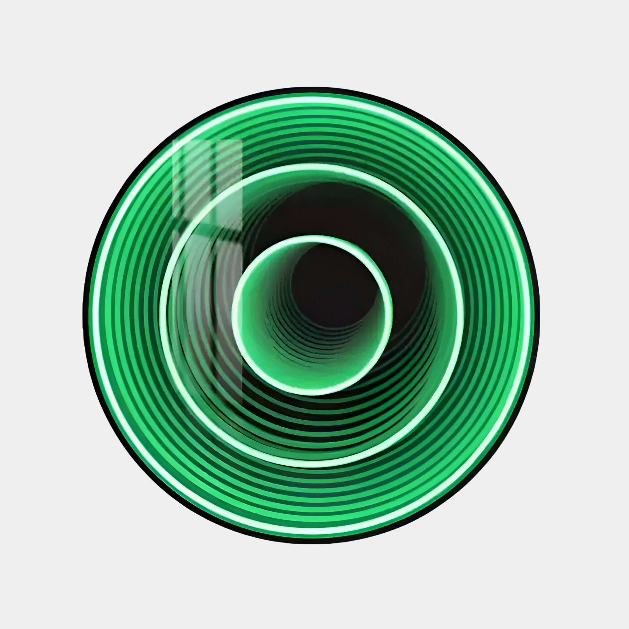 The Reflex Emerald Mirror 3D LED Wall Art by Giant Sculptures features a circular abstract design with concentric green rings on white, creating a tunnel-like illusion with alternating light and dark green hues, offering depth and movement that enhances any modern space.