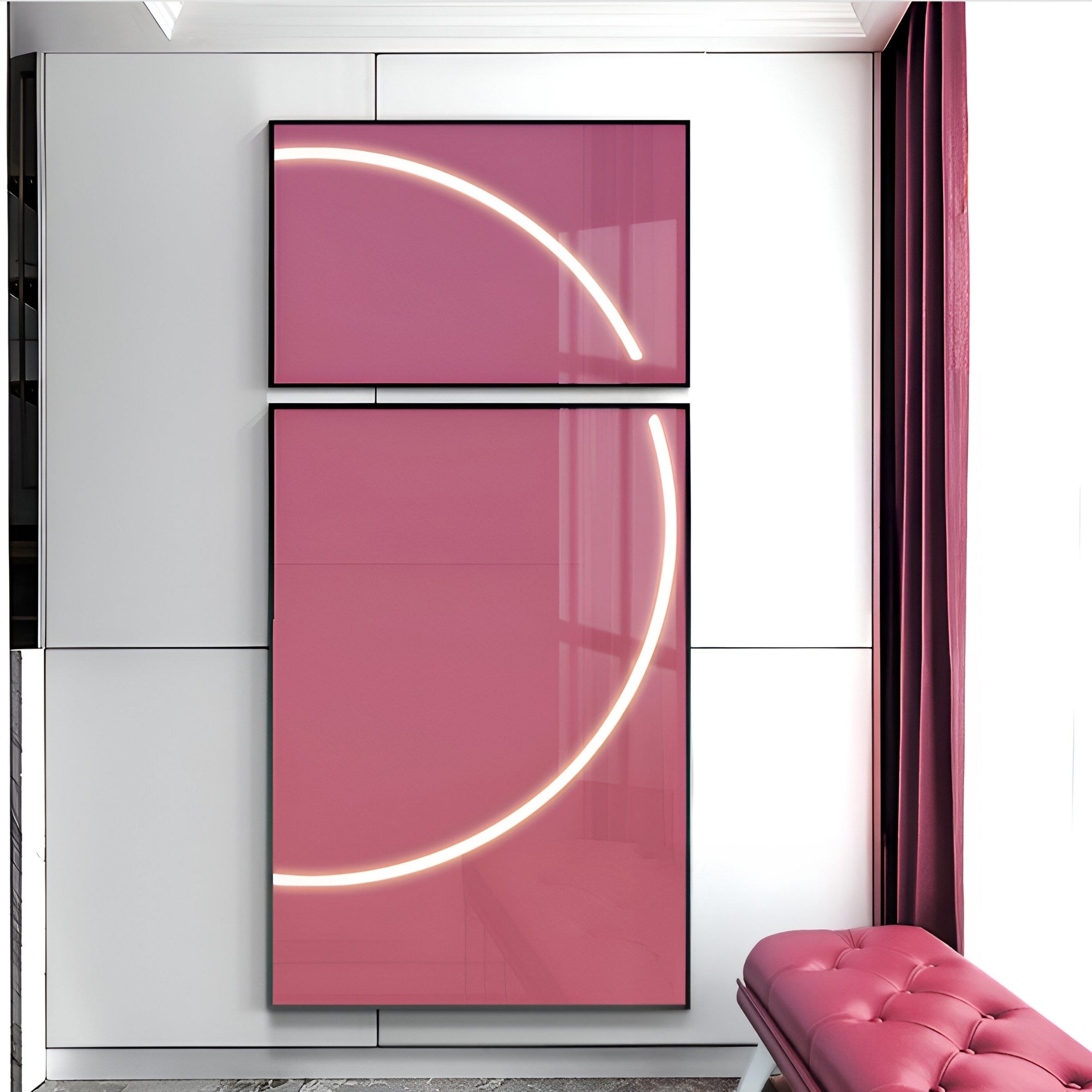 The Enigma Rosewood Glow LED Wall Art by Giant Sculptures features two modern panels with a minimalist design of a bright white arc over a glossy pink background. Its mounted on a white wall next to purple curtains and adds a contemporary touch beside the tufted bench.