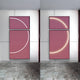 Two contemporary rectangular artworks, named Enigma Rosewood Glow by Giant Sculptures, grace the wall with stacked panels. They showcase a magenta background and neon-like white lines resembling incomplete circles, contrasting beautifully with the gray stone floor.