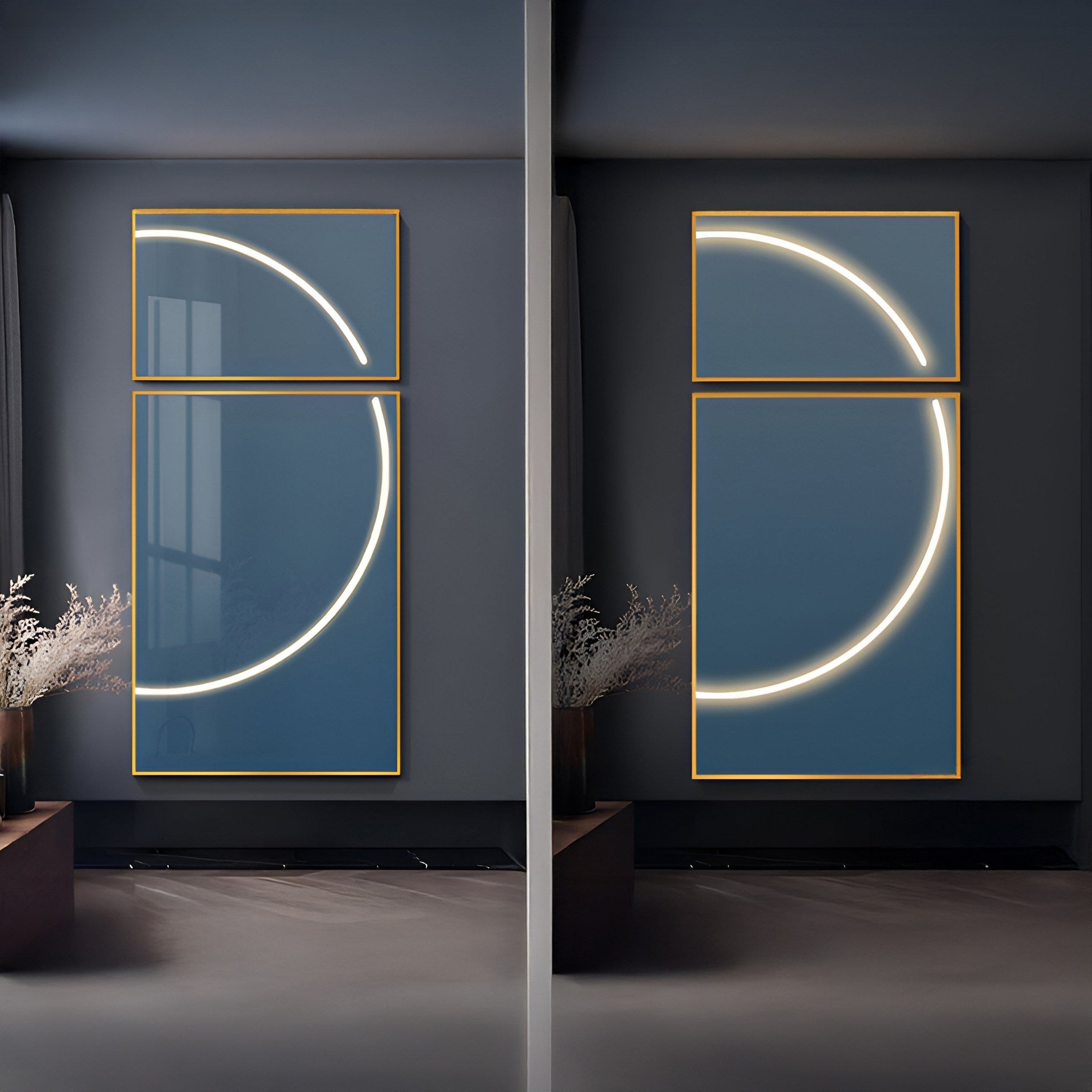 The Enigma Midnight Teal LED Wall Art by Giant Sculptures brings a geometric statement with neon-lit partial circles in dim rooms. Each rectangular piece has a gold frame against midnight teal walls, complemented by nearby potted plants.