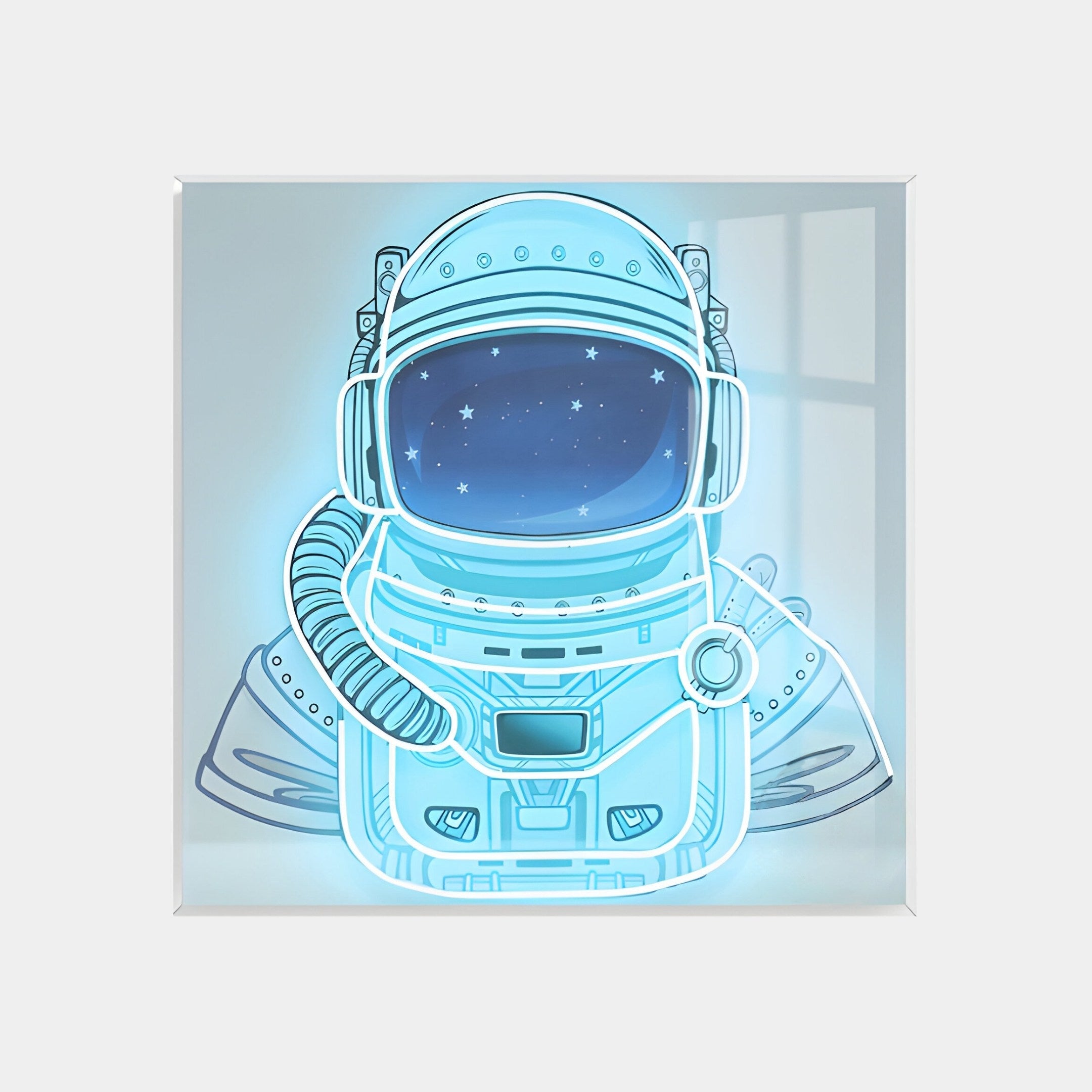 The Stellar Neon Aqua Acrylic 3D LED Wall Art by Giant Sculptures features an astronaut helmet and suit in neon aqua, with a dark visor showcasing a starry pattern. This futuristic wall art illuminates on white, creating a stunning space-themed design.