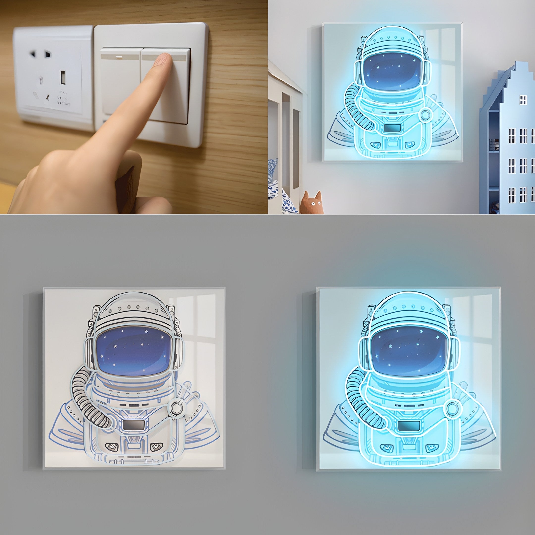 A collage displays: a hand touching a light switch, an unlit square wall decoration with an astronaut motif, the lit Giant Sculptures Stellar Electric Sapphire Acrylic in blue, and side-by-side views of the unlit and lit 3D LED Wall Art design.