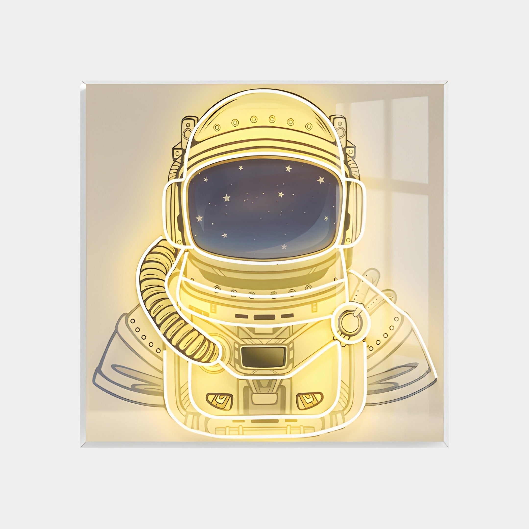 The Stellar Auric Gold Acrylic 3D LED Wall Art by Giant Sculptures features a glowing astronaut helmet with a starry sky visor. Set against a light background, its design creates subtle windowpane-like reflections, making it perfect for astronaut decor.