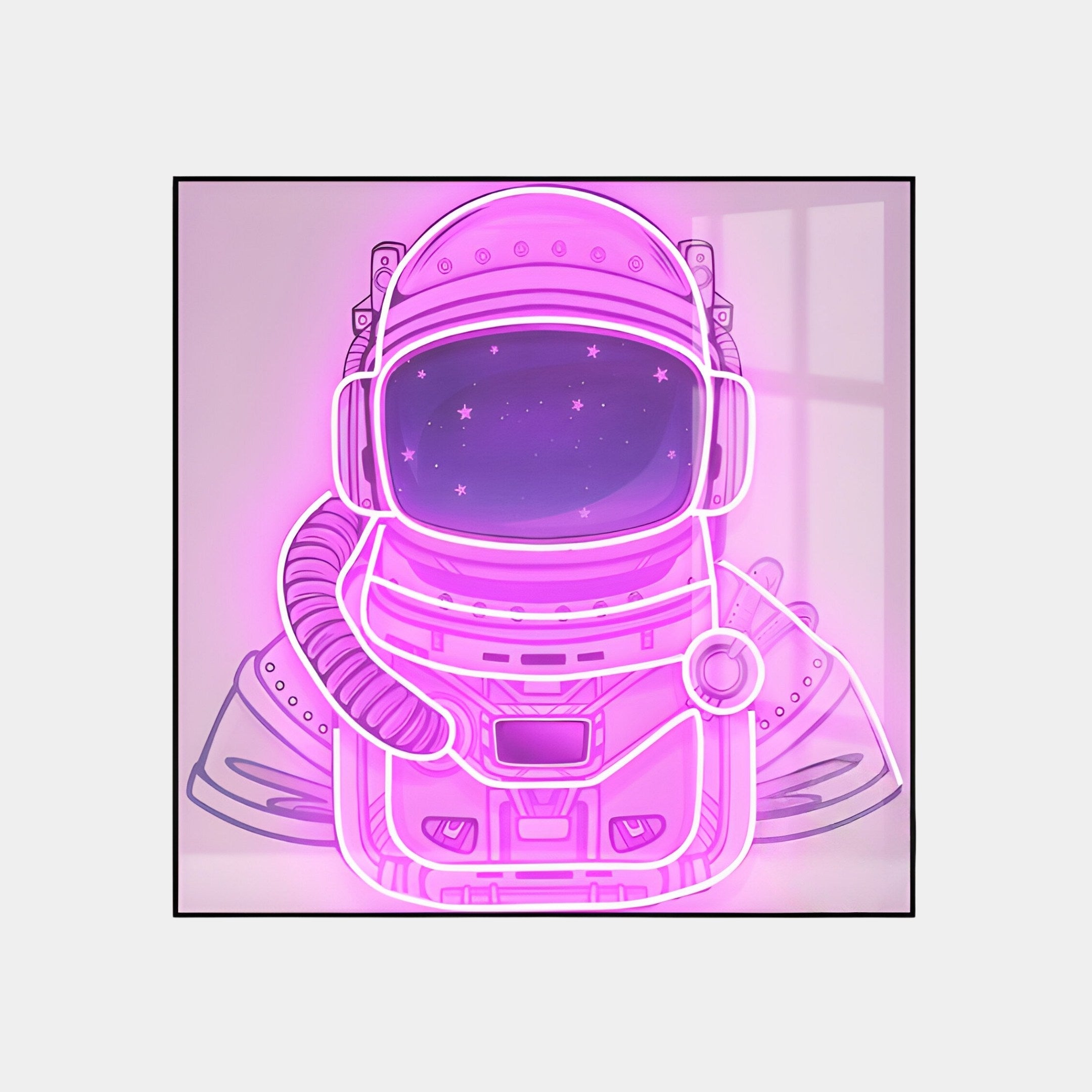 A simplistic, futuristic neon pink astronaut helmet with star-like dots on the visor and a light tube reflection, reminiscent of the Stellar Neon Orchid Acrylic 3D LED Wall Art by Giant Sculptures, set against a soft gray background.