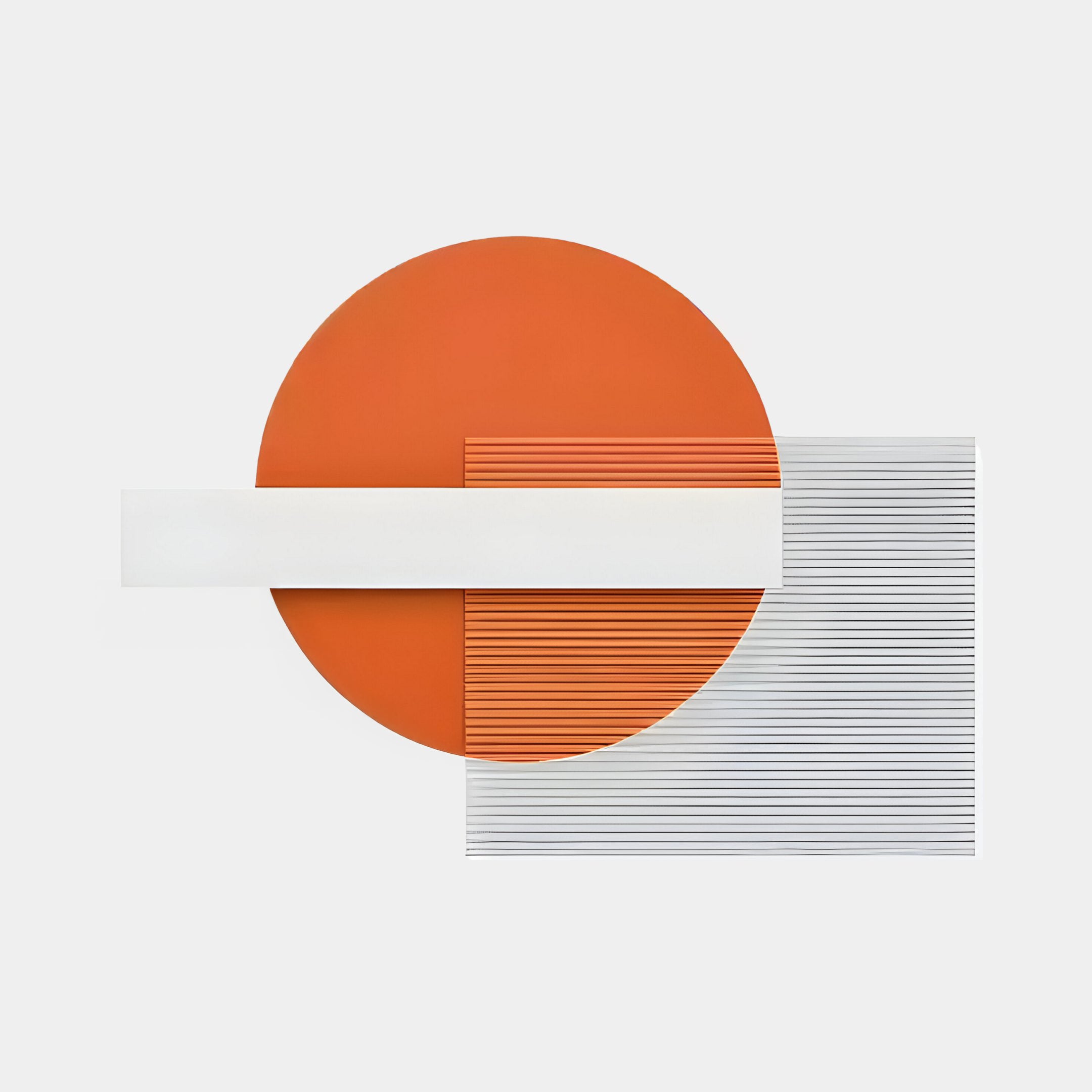 Aeon Sunset Ember Leather 3D LED Wall Art by Giant Sculptures features an abstract design with a large orange circle and white rectangle, partially veiled by a lined transparent sheet. Set against a light gray backdrop, it creates a fiery essence with brilliant depth.