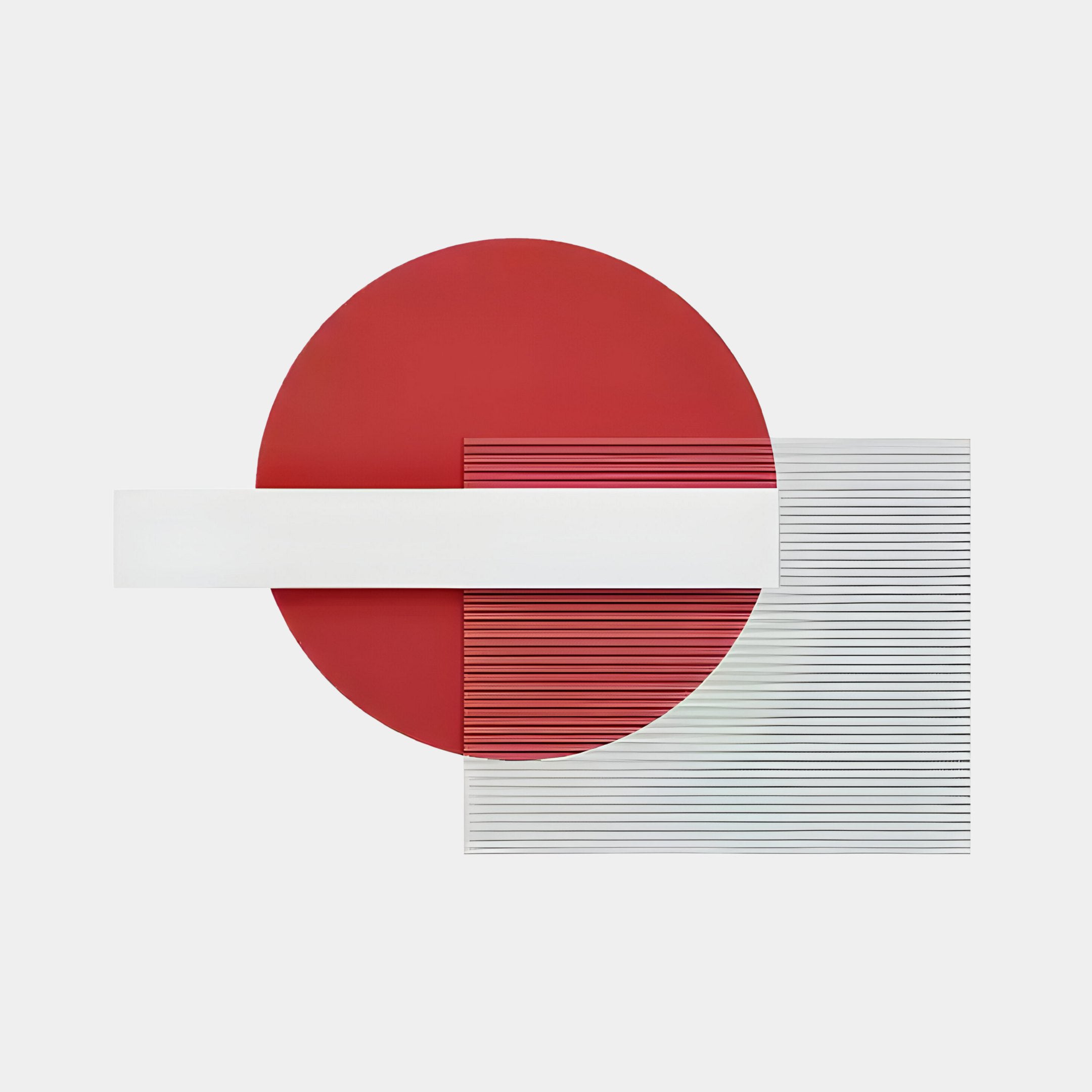 An abstract geometric composition features a large red circle akin to Aeon Crimson Silk from Giant Sculptures. A white horizontal rectangle intersects it, and a transparent rectangle with vertical black stripes overlaps both against a light gray background.