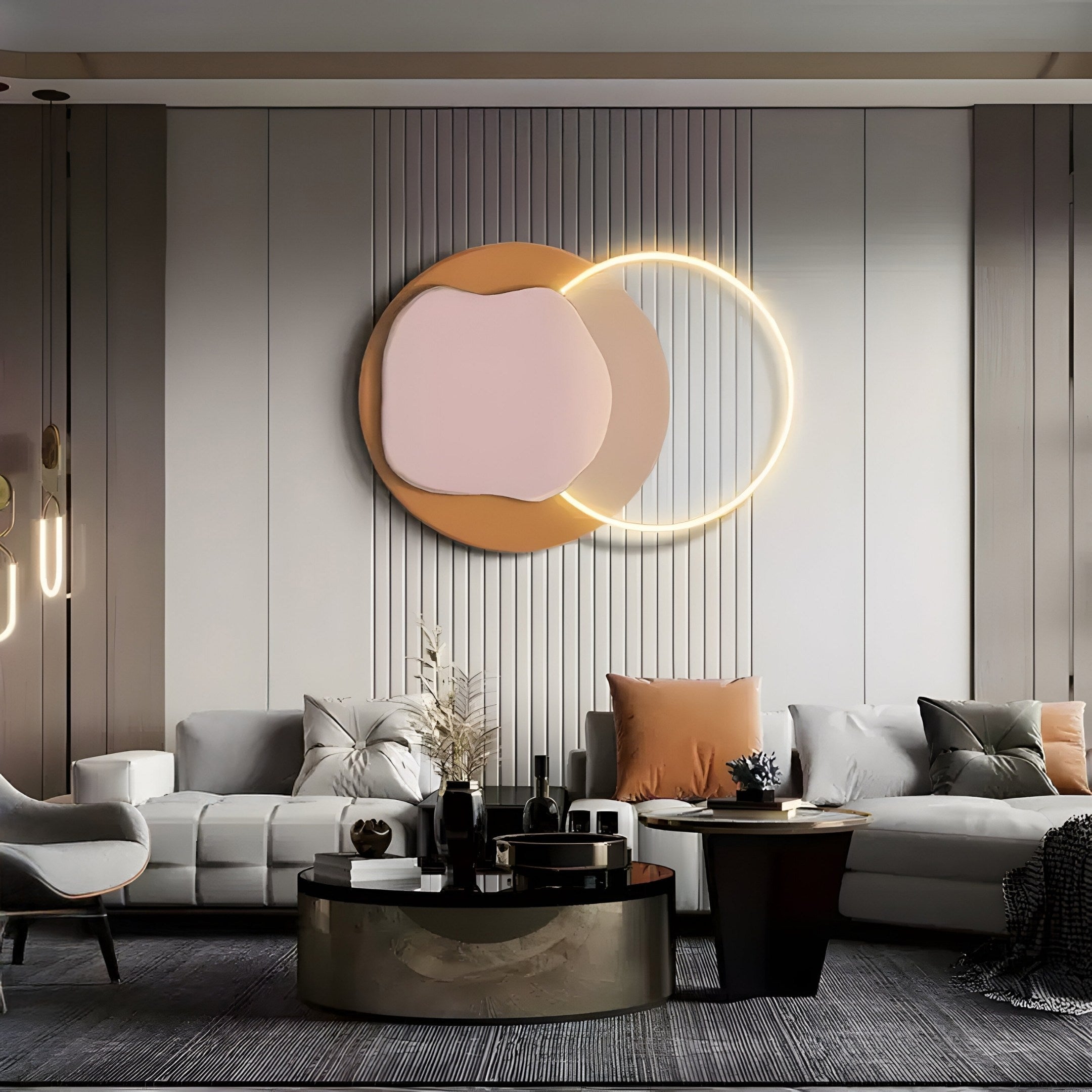 A modern living room in neutral tones showcases a Giant Sculptures Arcadia Rose Clay Leather 3D LED Wall Art with circular elements, paired with a gray sectional sofa adorned with pillows, a round coffee table, and enhanced by subtle ambient light creating warmth.