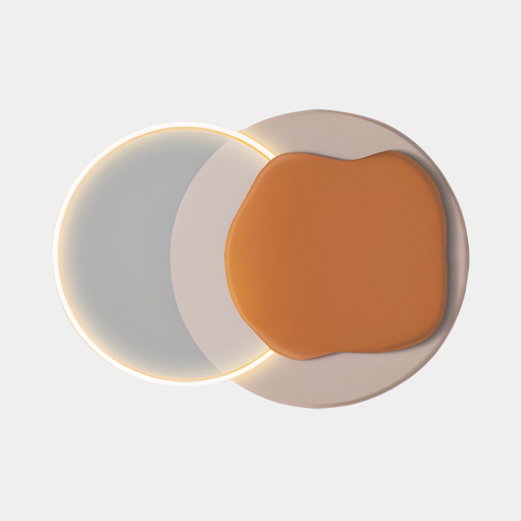 Arcadia Terra Amber Leather 3D LED Wall Art by Giant Sculptures features overlapping rounded shapes: a translucent left with a glowing outline and an opaque orange right, reminiscent of Arcadia Terra Amber Leather, set against an earthy light gray backdrop.