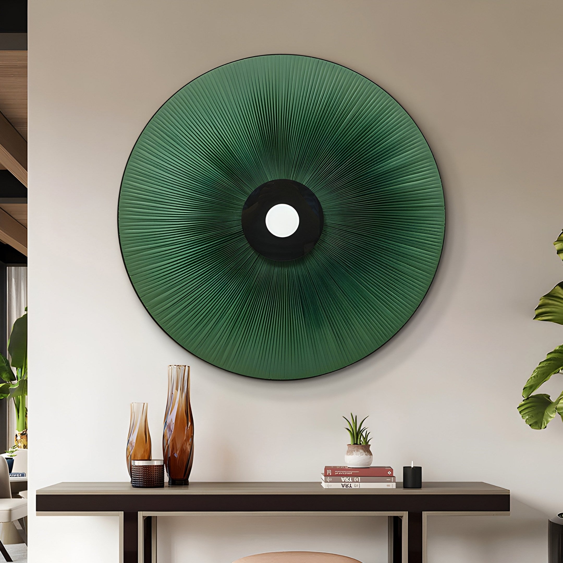 A modern living room features the Giant Sculptures Vanguard Jade Surge Leather 3D LED Wall Art, resembling a stylized eye on a beige wall. Below, a wooden console holds two decorative vases and books. A plant is partially visible on the right, completing this serene setting.