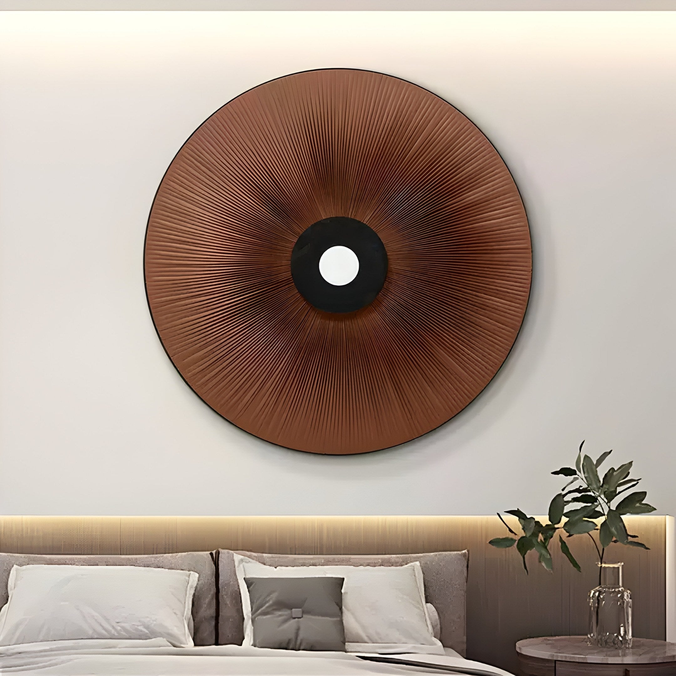 A modern bedroom exudes timeless mocha elegance with the Vanguard Mocha Bronze Leather 3D LED Wall Art by Giant Sculptures above a neutral-toned bed adorned with plush pillows. A small wooden side table holds a vase plant, adding greenery to the sophisticated ambiance.