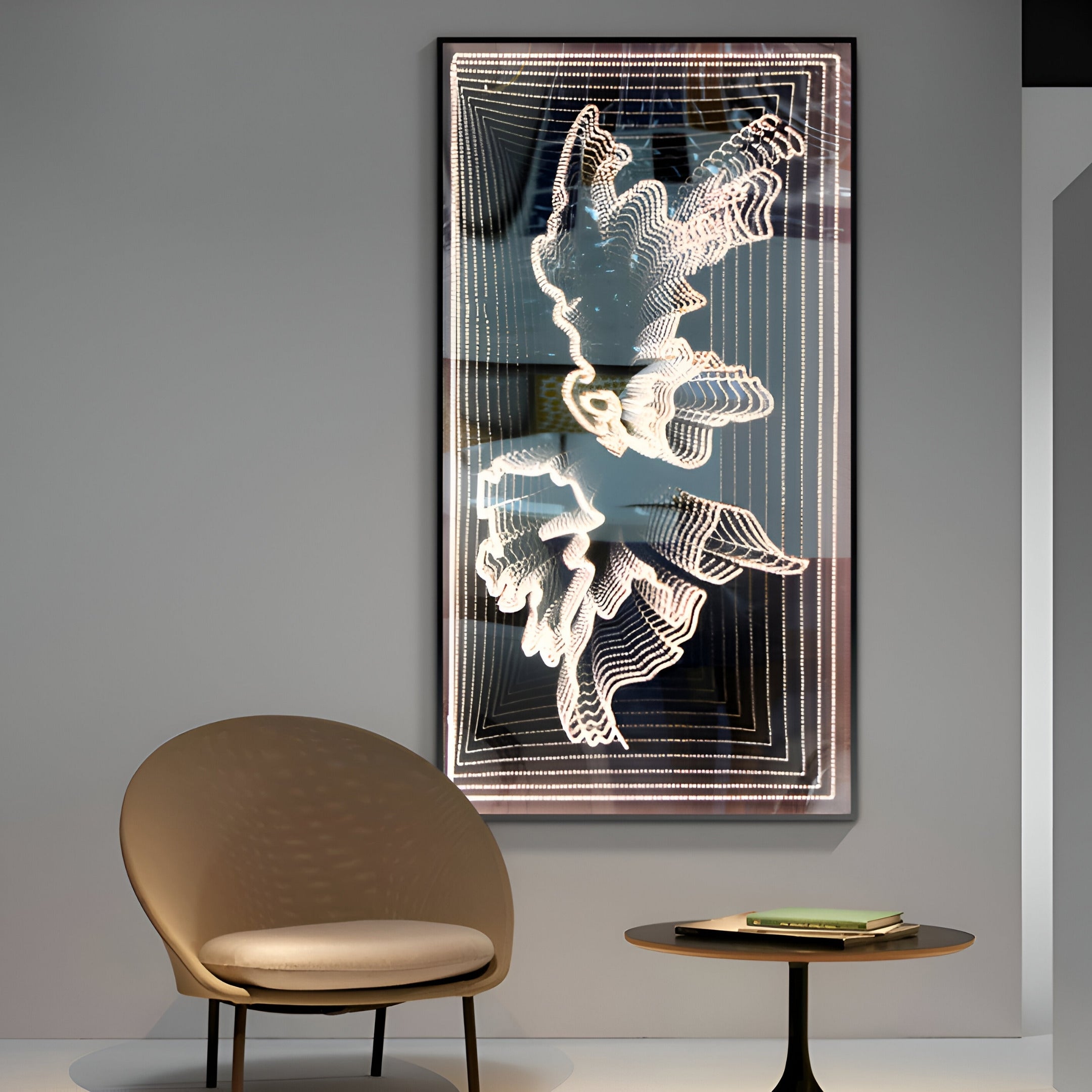 The Horizon Butterfly Harmony 3D LED Mirror Wall Art by Giant Sculptures, featuring illuminated lines for a flying objects illusion, adorns the wall. Below it, a beige chair and circular table with a book enhance the minimalist setting.