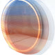 A round, transparent disc with a layered blue to orange gradient creates a glowing halo effect when light reflects off it, reminiscent of Chromia Sunrise Glow by Giant Sculptures, all set against a plain white background—an exquisite piece of acrylic LED wall art.