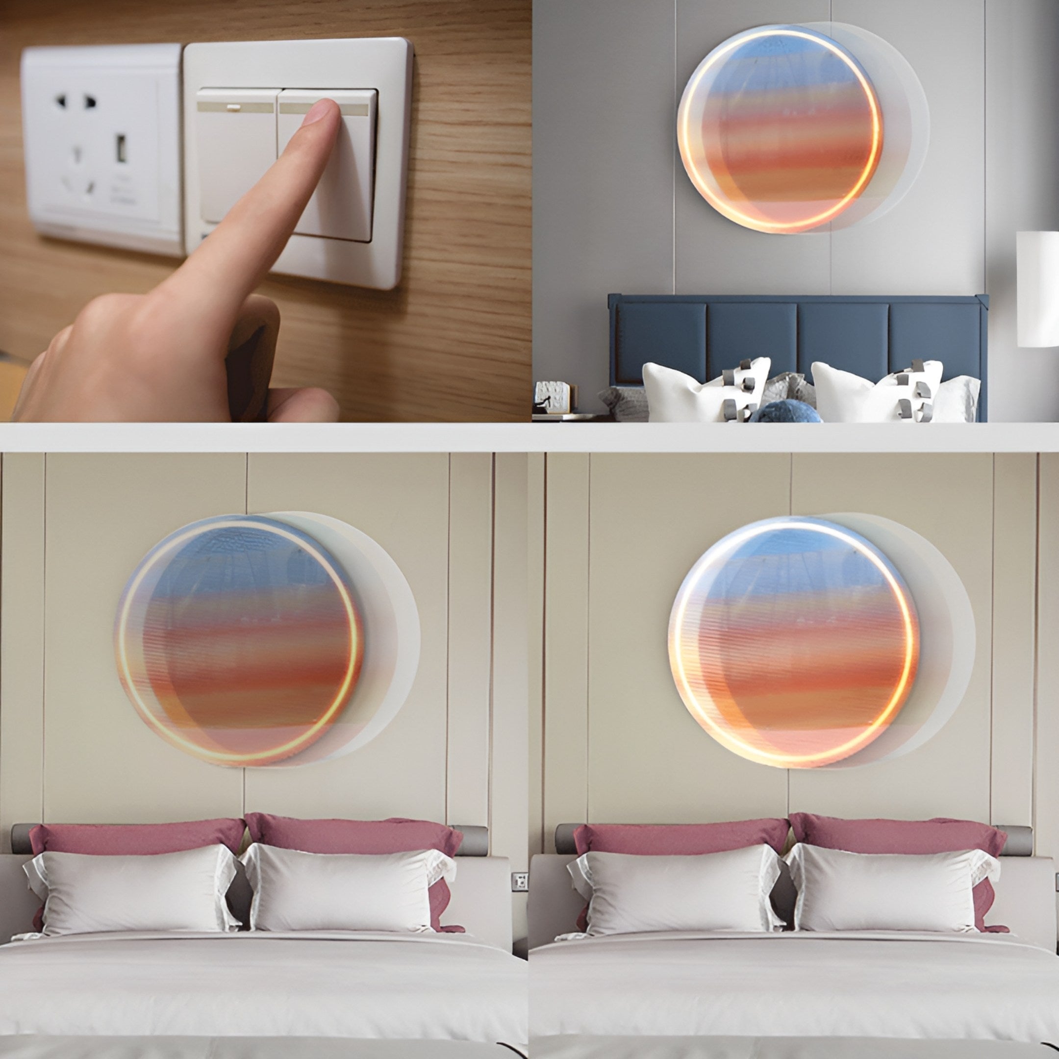 Someone turns off a light switch on the wall. The scene includes two bedrooms, each with Giant Sculptures Chromia Sunrise Glow Acrylic LED Wall Art above the bed. The top room has blue bedding, while the bottom one features pink and white bedding, lit by Chromia Sunrise Glow.