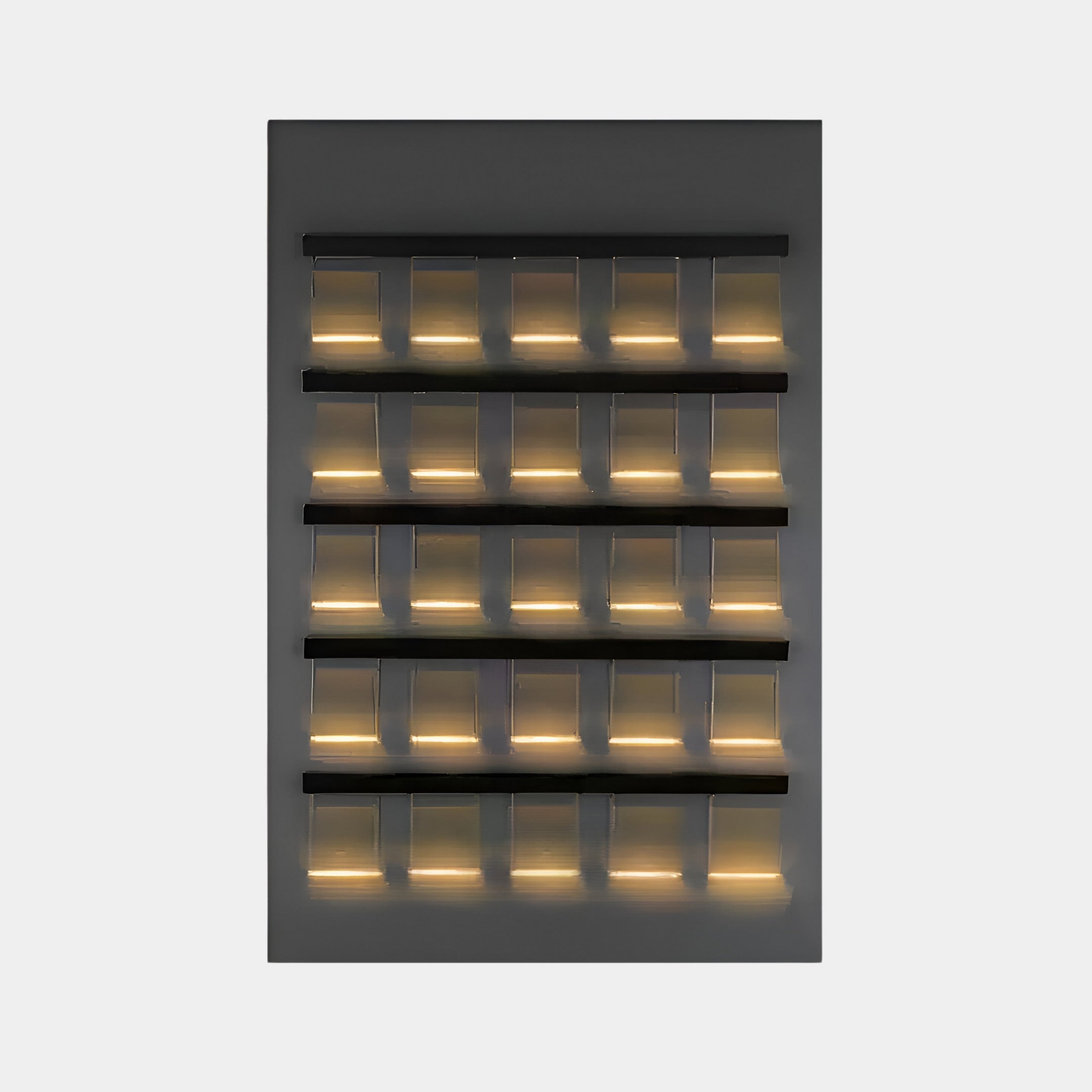 The Zenith Black 3D Acrylic LED Layered Illumination Wall Art by Giant Sculptures features a rectangular panel with four horizontal rows of illuminated sections divided by dark lines, adding a warm glow and modern accent for a structured look against plain backgrounds.