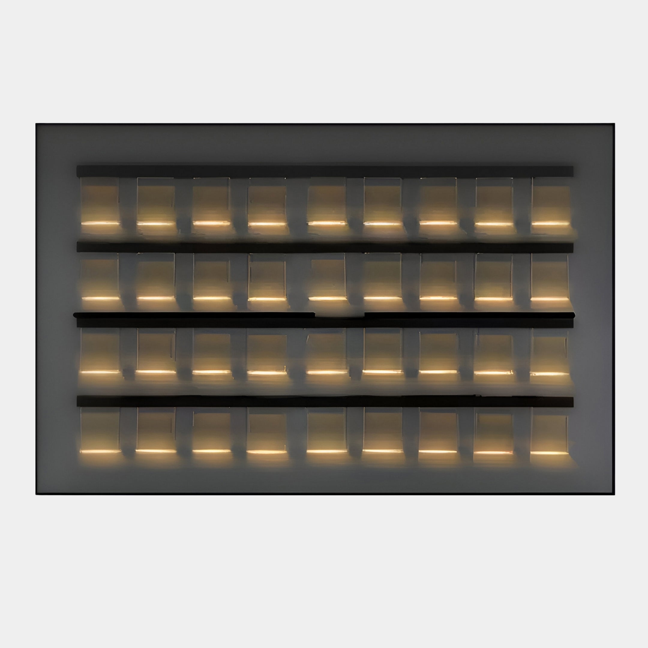 The Zenith Black 3D Framed Horizontal Acrylic LED Layered Wall Art by Giant Sculptures features a grid of glowing vertical rectangles in a sleek black acrylic frame. Arranged in four rows, it forms a modern geometric pattern against a dark background, emitting a warm golden hue perfect for contemporary spaces.