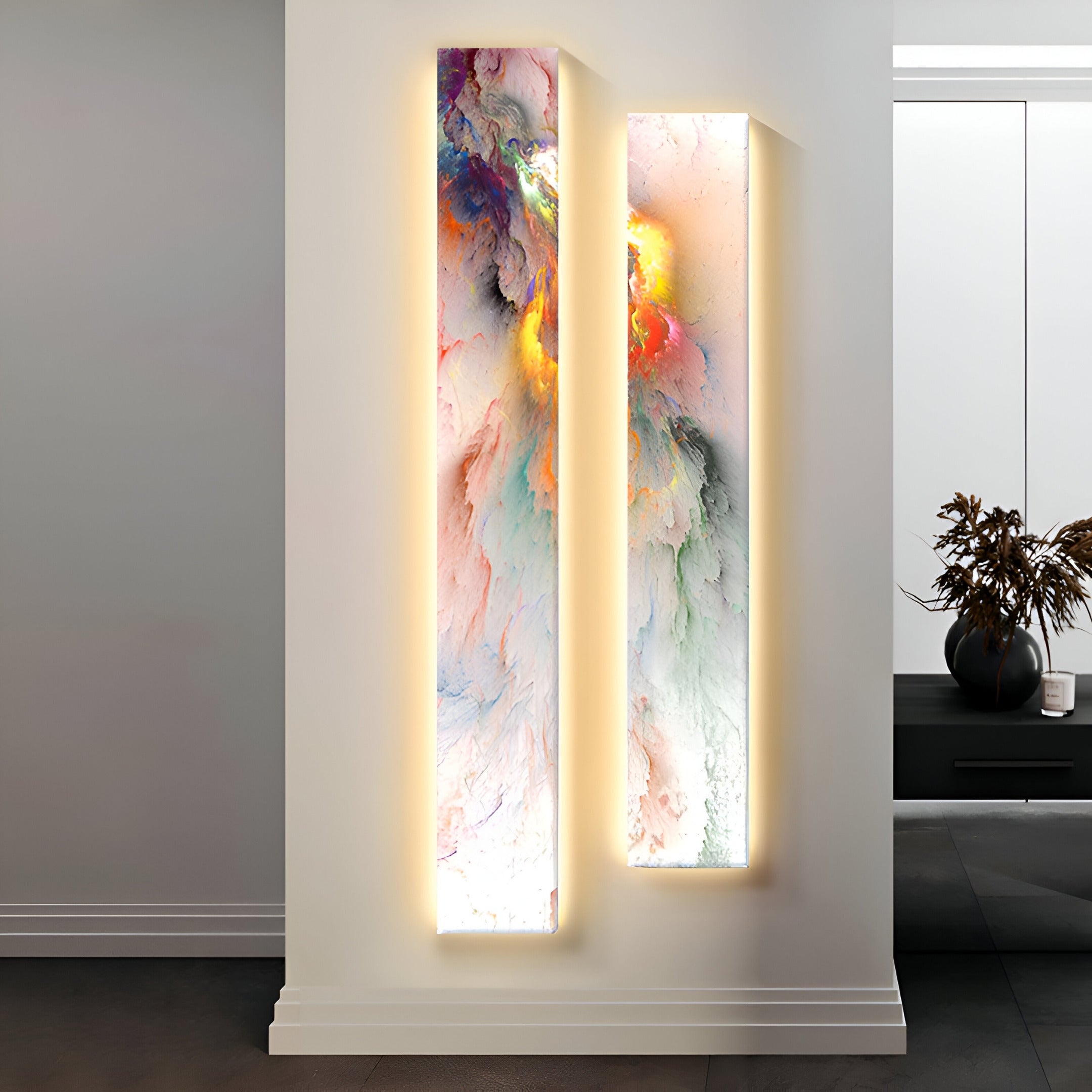 The Chroma Aurora Pastel Swirls LED Wall Art Canvas by Giant Sculptures features vibrant swirls on two backlit panels. Hanging in a modern interior near a black console with a plant, it adorns the light-colored wall, creating an inviting contemporary space.