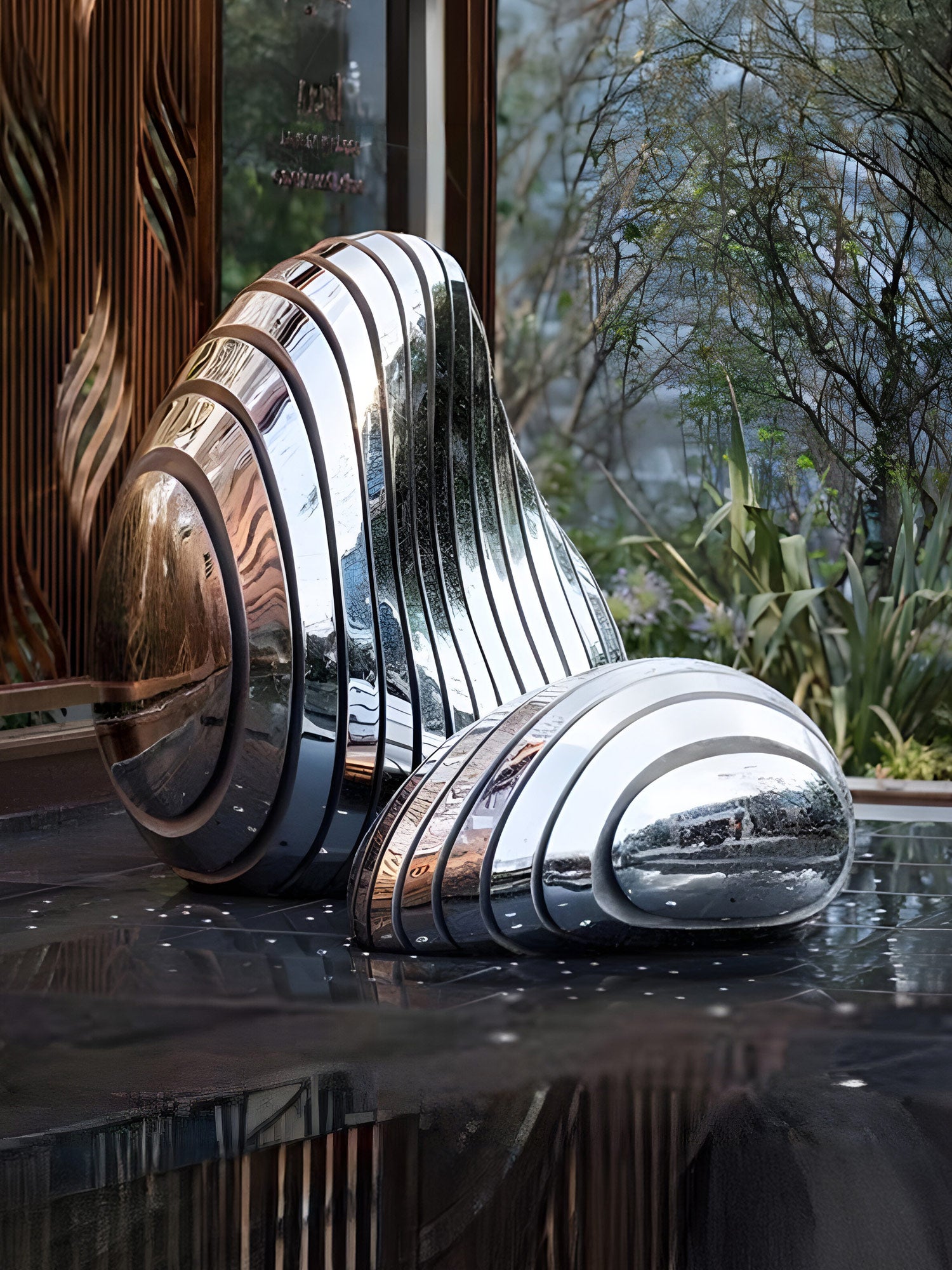 Layered stainless steel shell sculpture with polished metal textures, artfully placed outdoors near a water feature, blending nature with modern art.