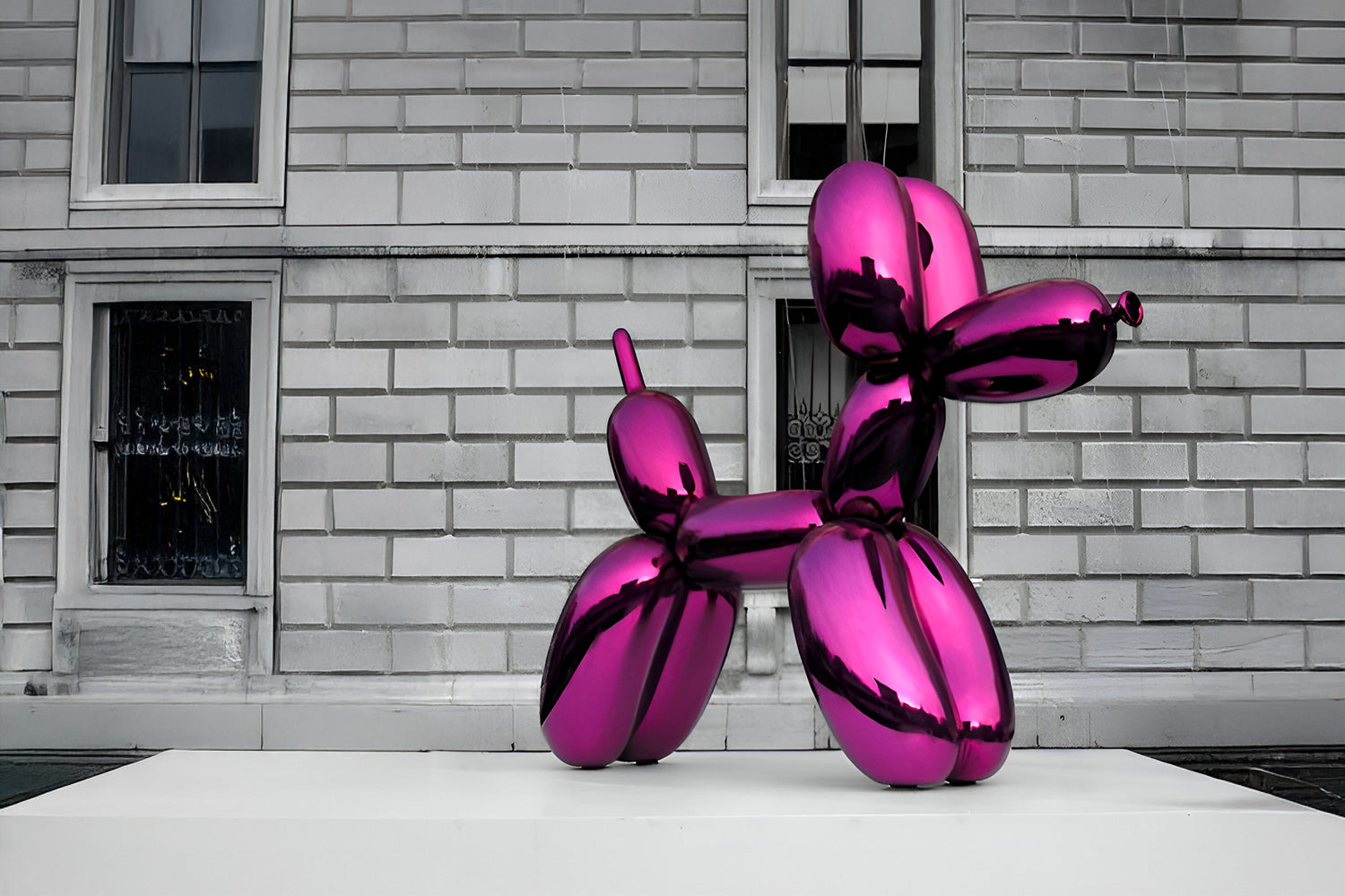 A vibrant, glossy purple dog sculpture placed on a pedestal in front of a textured, grey-bricked building.