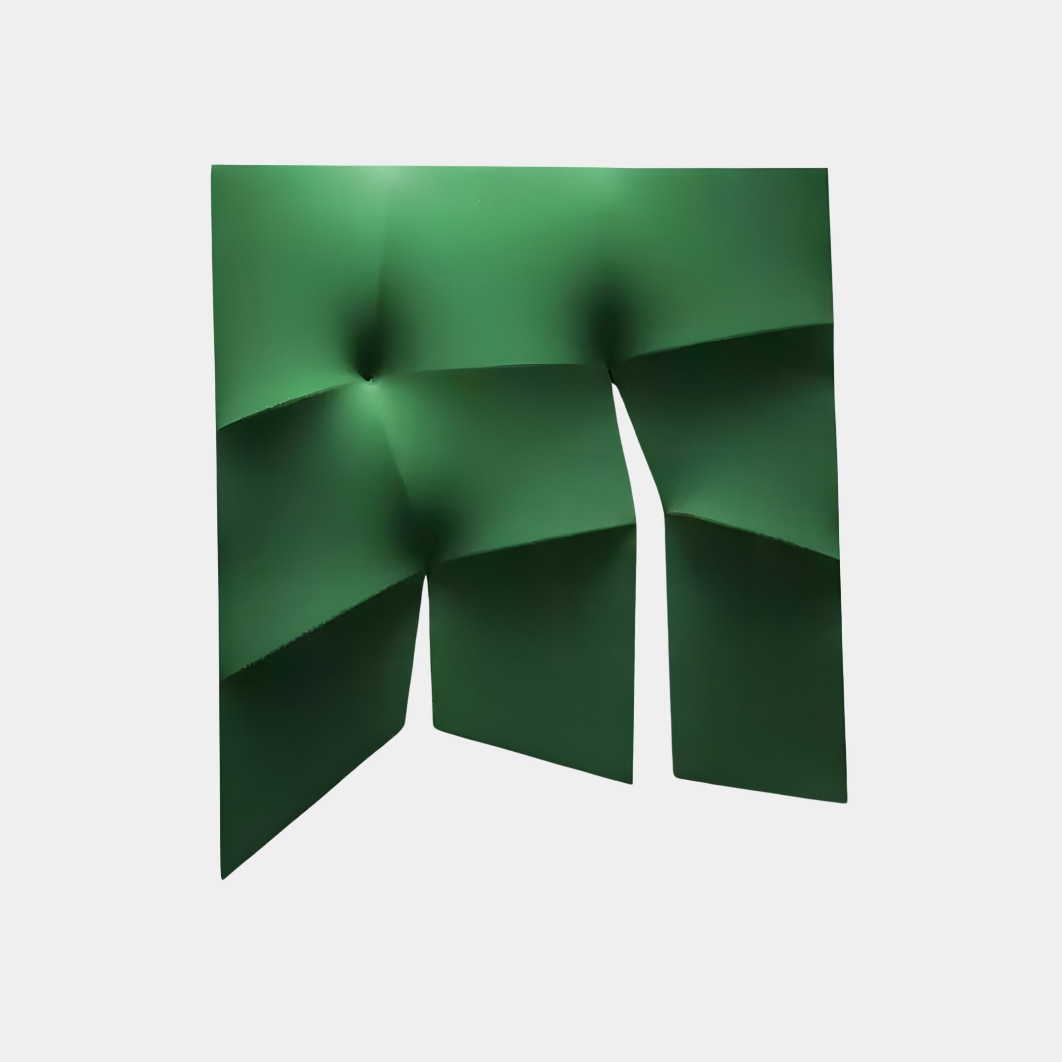 The Contours Emerald Green Elastic Fabric 3D Wooden Wall Art by Giant Sculptures features smooth, angular, folded shapes that capture contemporary interior aesthetics. Its emerald hue and abstract silhouette are enhanced by lighting against a plain white background.