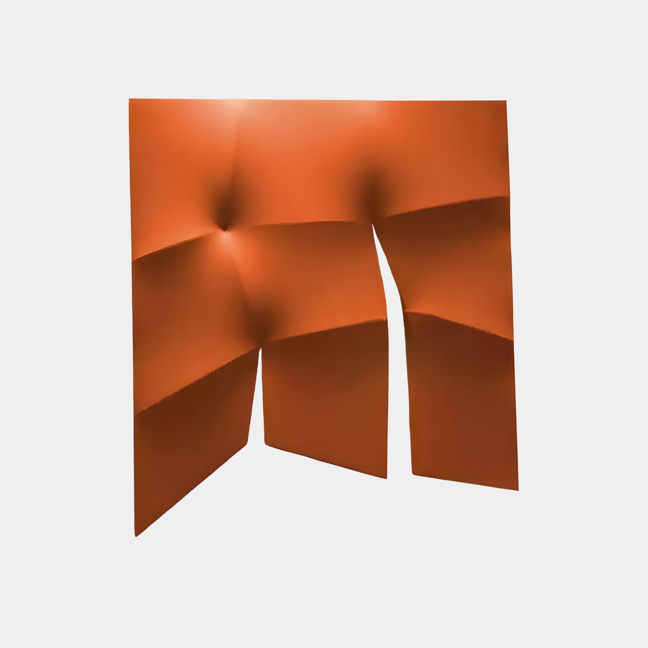 The Contours Bold Orange Elastic Fabric 3D Wooden Wall Art by Giant Sculptures showcases geometric shapes and smooth curves against a white backdrop, with subtle indentations adding texture and depth.