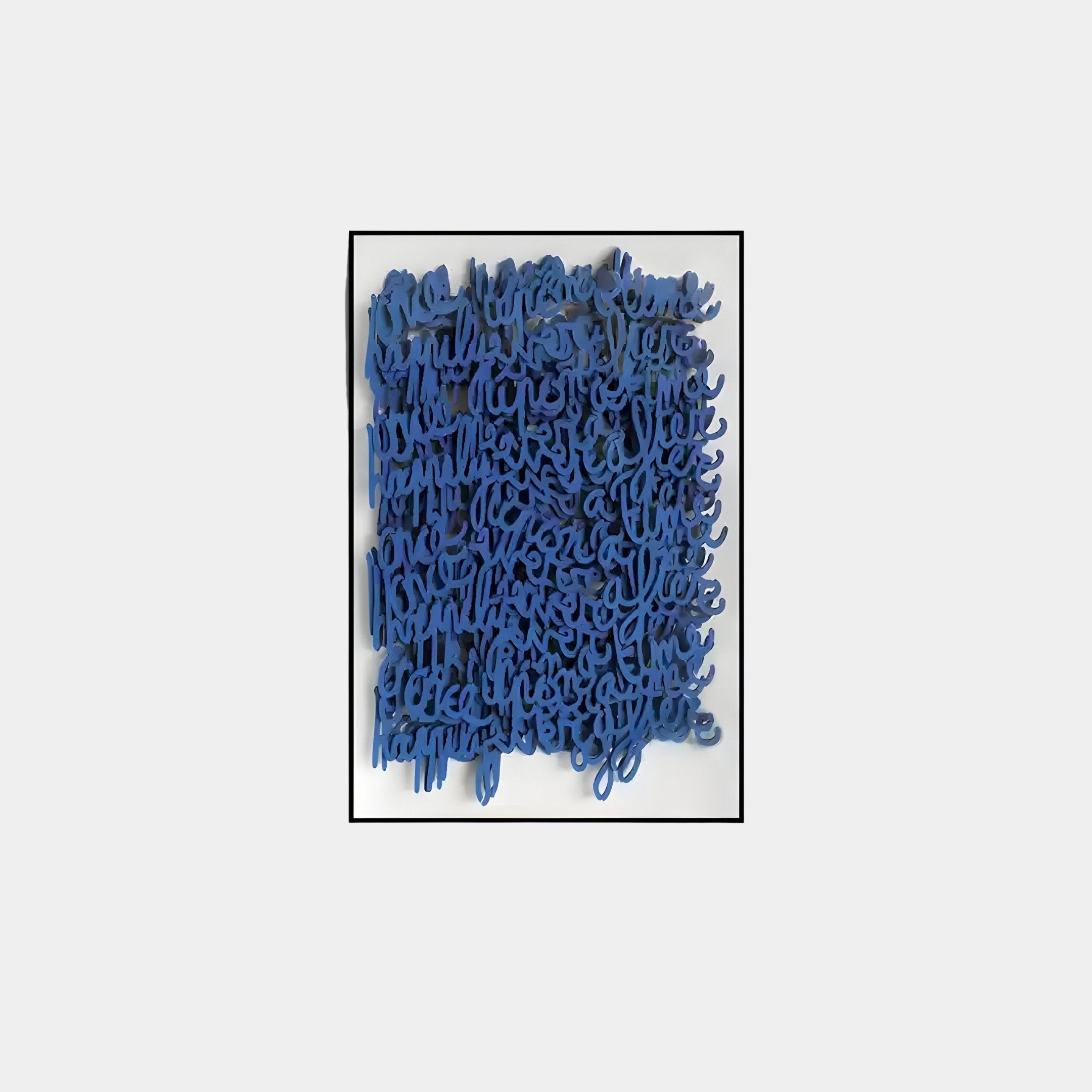 The Oratoria Blue Scripted Wood Carving by Giant Sculptures is a hand-painted 3D wall art piece featuring tangled blue cursive letters on a white background, creating an abstract and textured modern typography design.