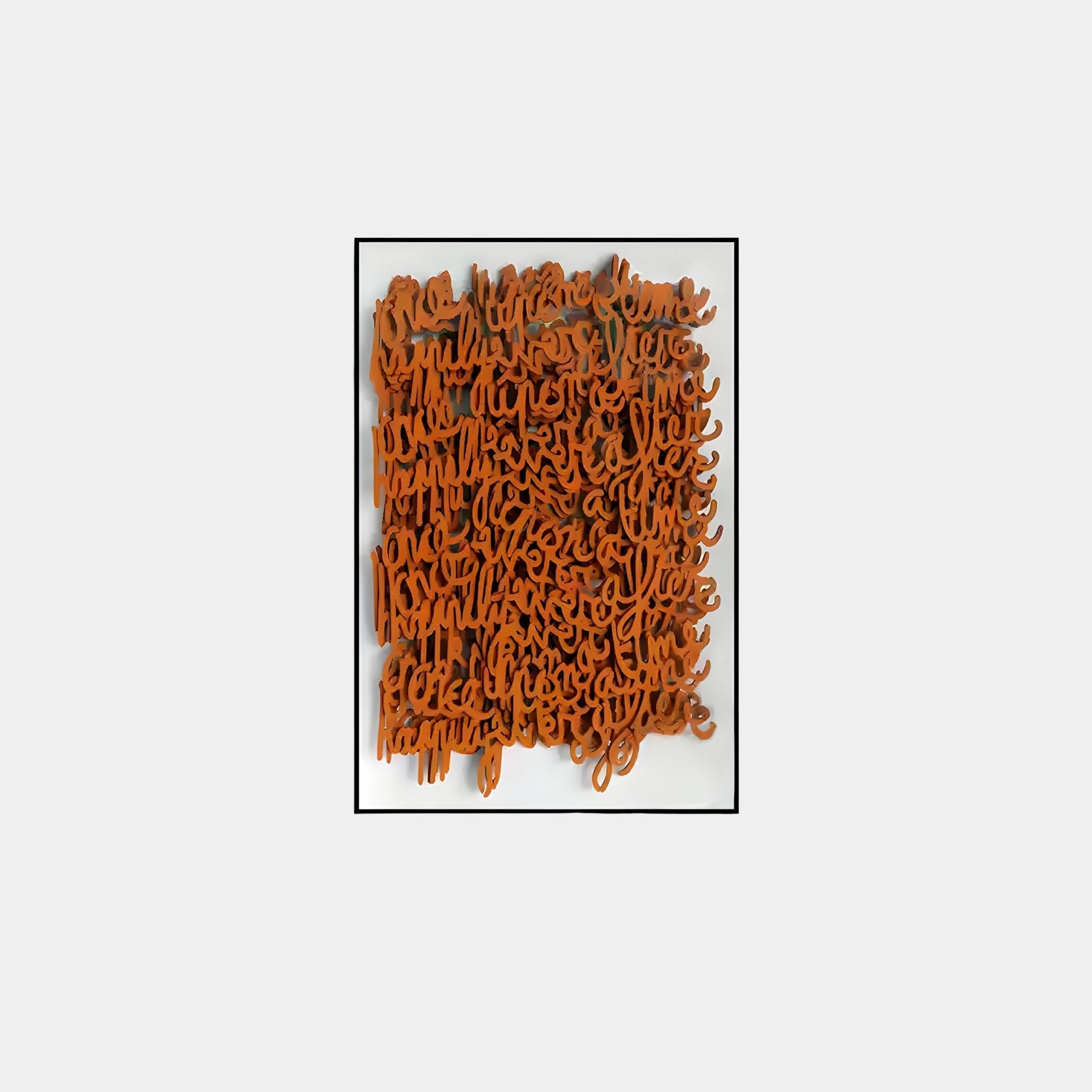 The Oratoria Orange Scripted Wood Carving by Giant Sculptures is a large 3D wall art piece, featuring intricately interwoven cursive text cutouts in an abstract pattern on a white background.