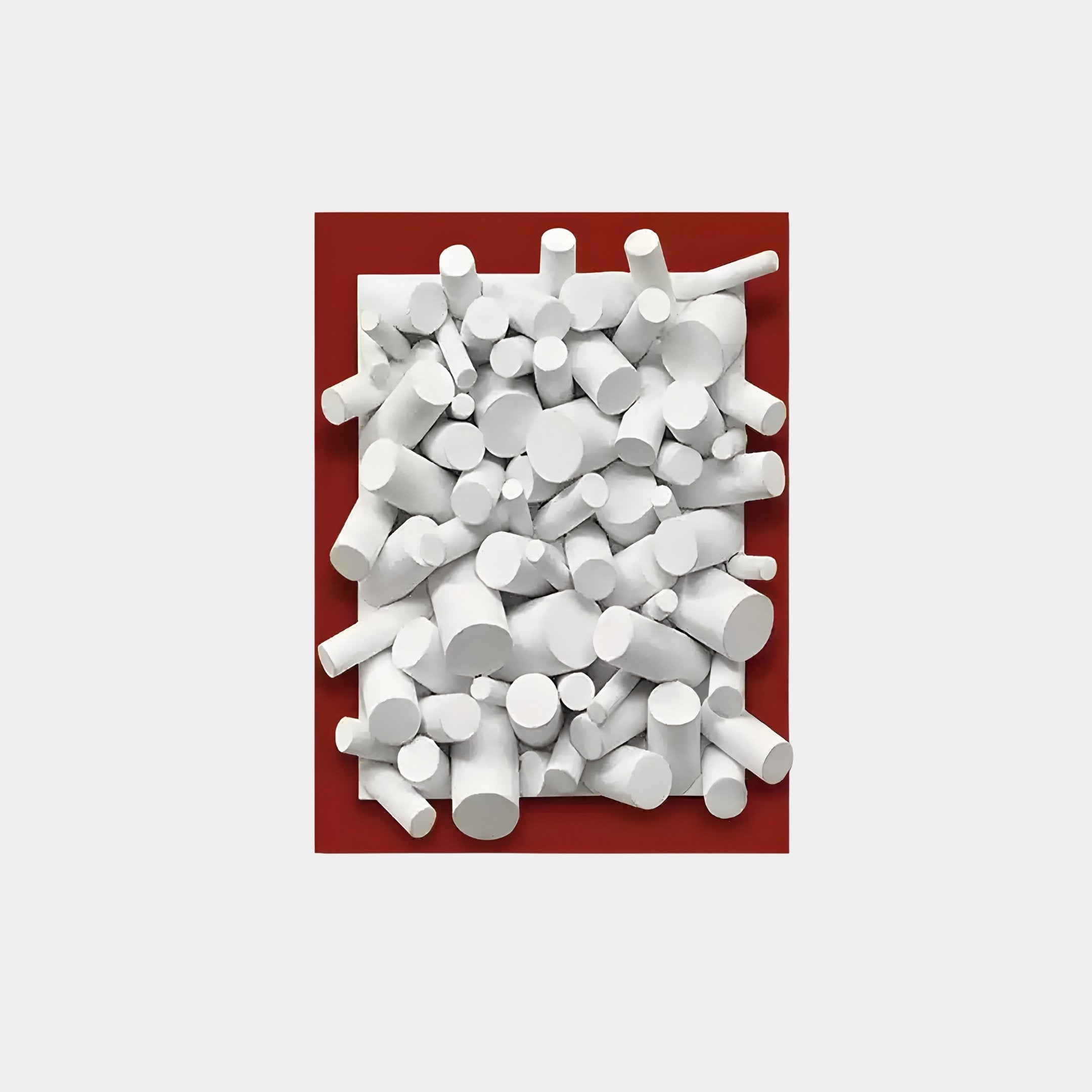 Giant Sculptures Axion White Wood Cluster & Ruby Red Edge 3D Wall Art features white cylindrical shapes of varying sizes and orientations, forming a textured, abstract pattern perfect for contemporary spaces.