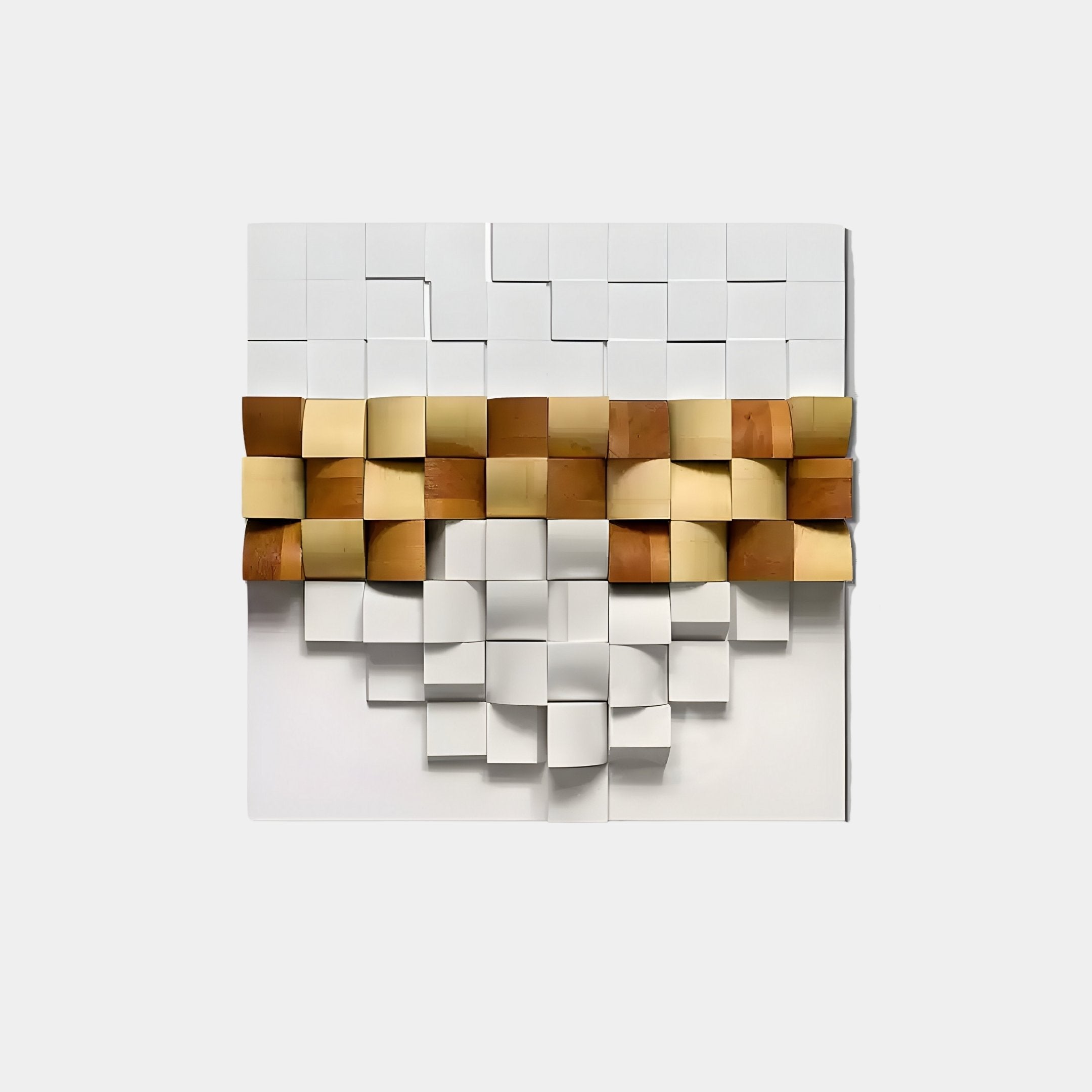 The Structura Golden Ochre & White 3D Wooden Square Wall Art by Giant Sculptures presents a Nordic-inspired grid of squares with a wave effect from white to beige and brown. A circular indentation at the bottom center adds depth and texture to its minimalist design.