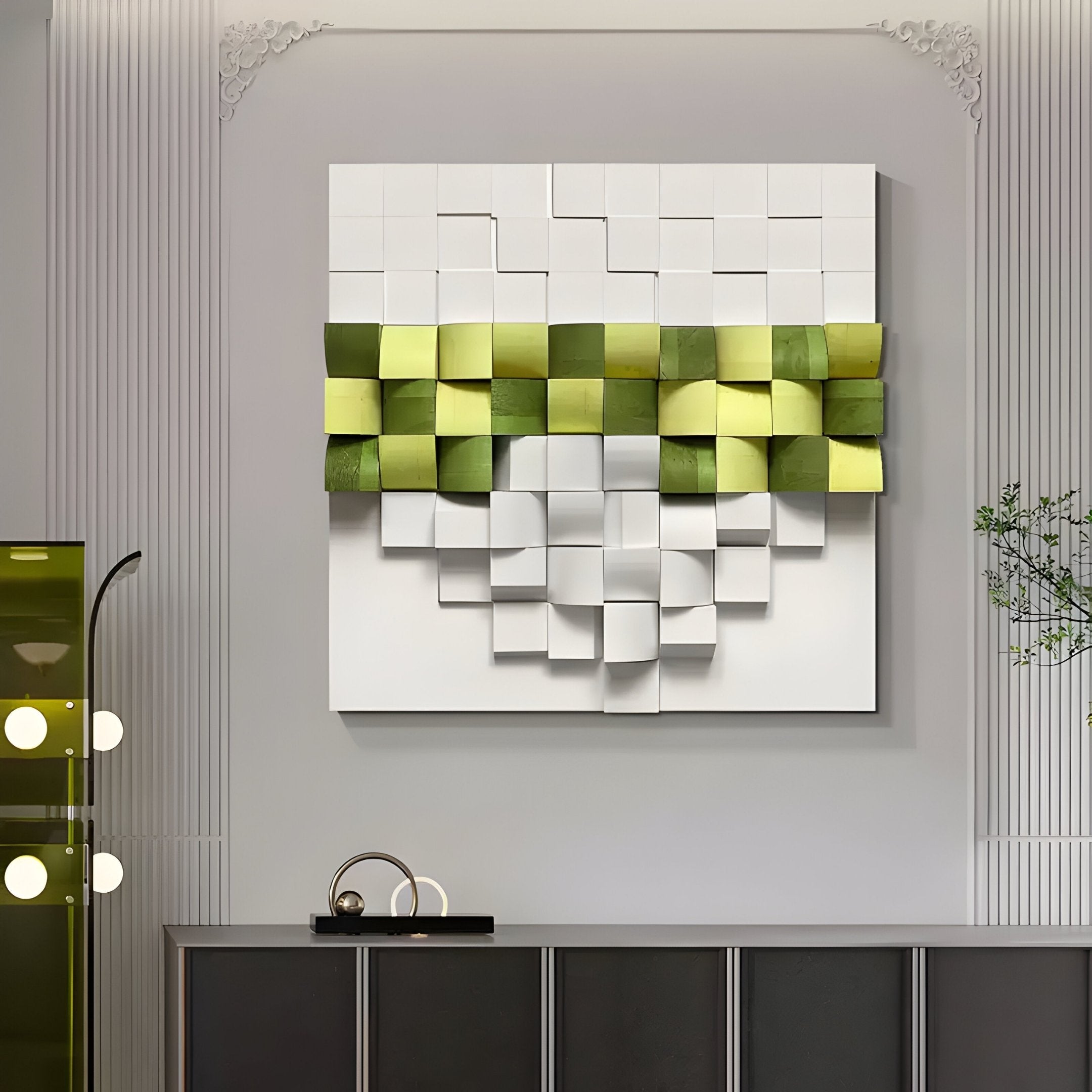 The room features a sleek, minimalist design with a dark console table and a green transparent lamp on the left, complemented by Giant Sculptures Structura Verdant Green & White 3D Wooden Square Wall Art mounted on the wall.