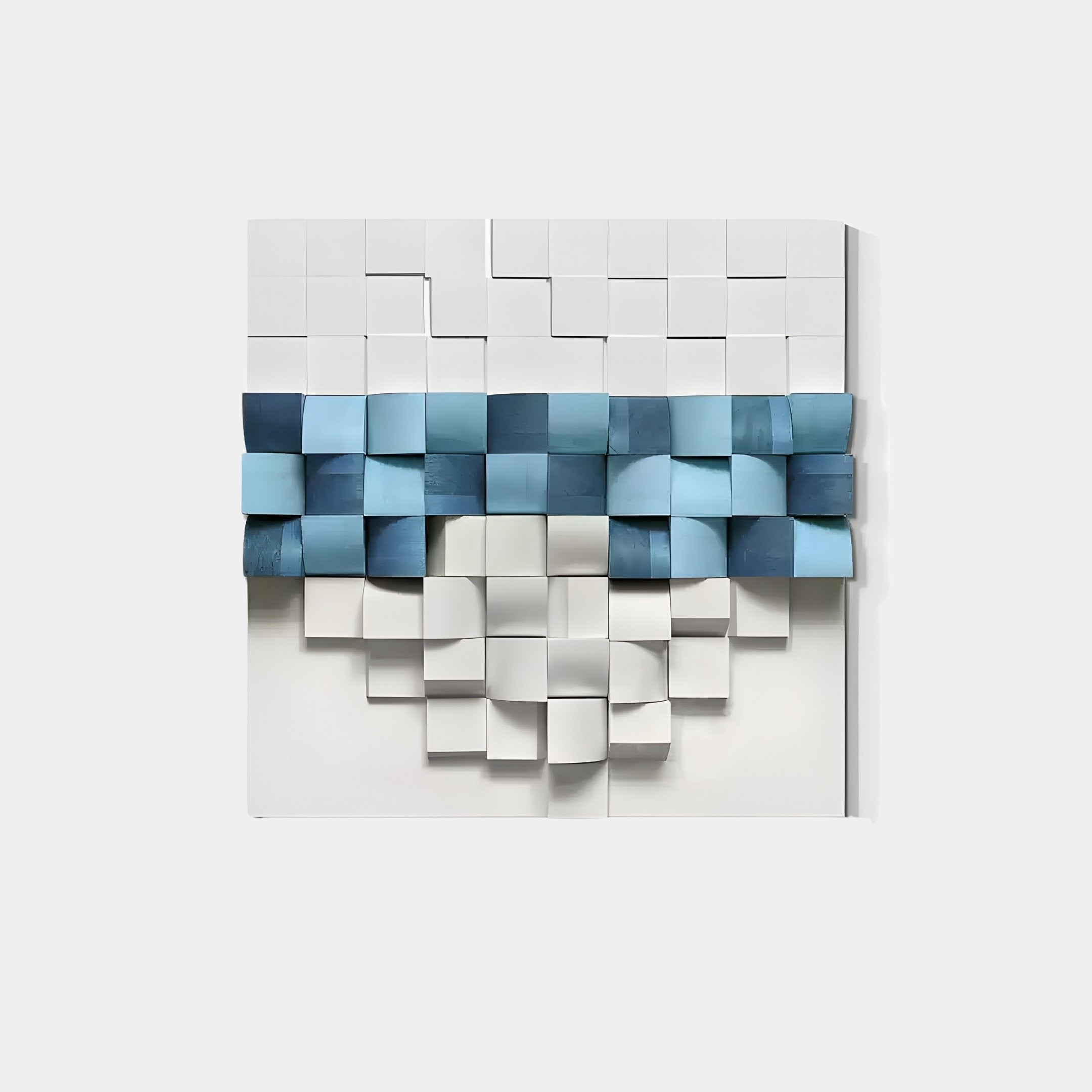 The Structura Azure Blue & White 3D Wooden Square Wall Art by Giant Sculptures features a grid of white tiles with azure blue to teal gradient, resembling a wave or geometric design influenced by Nordic minimalism, casting subtle shadows on the wall.