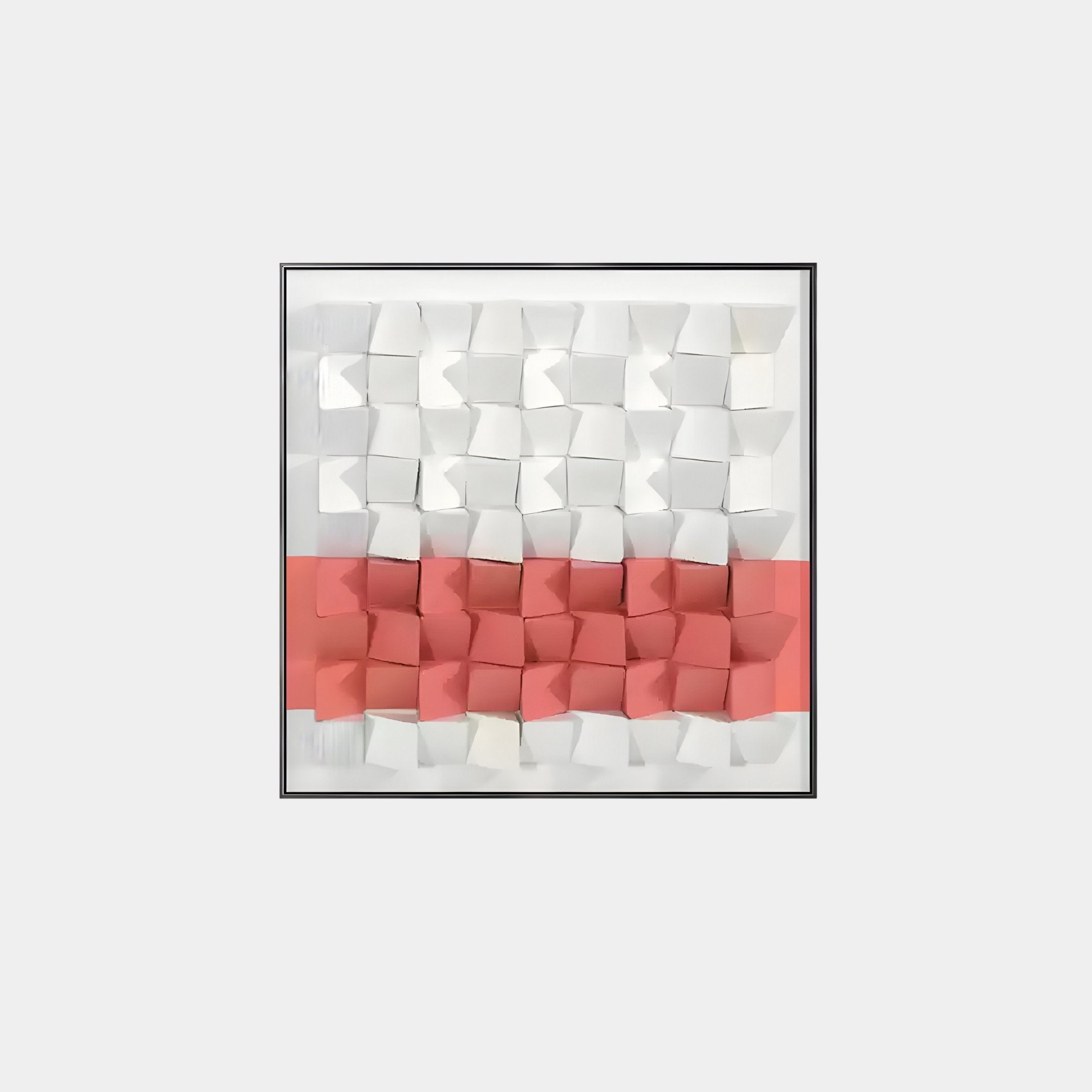 The Tessera White & Coral II Geometric Wood 3D Wall Art by Giant Sculptures features a framed modern grid of white cubes with two central red rows, creating a stunning pattern akin to the Polish flag, elegantly contrasting the white and coral-red sections.