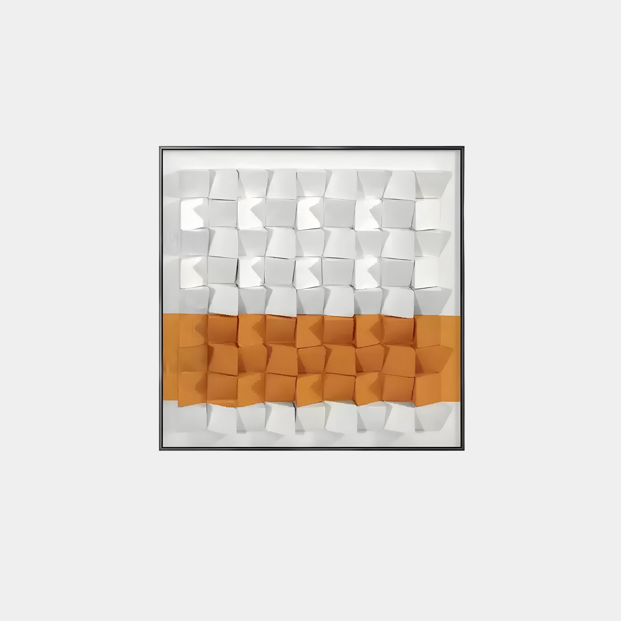 The Tessera White & Orange II Geometric Wood 3D Wall Art by Giant Sculptures features a grid of folded paper squares in bold colors with white top and bottom sections and an orange middle row, creating a textured pattern.