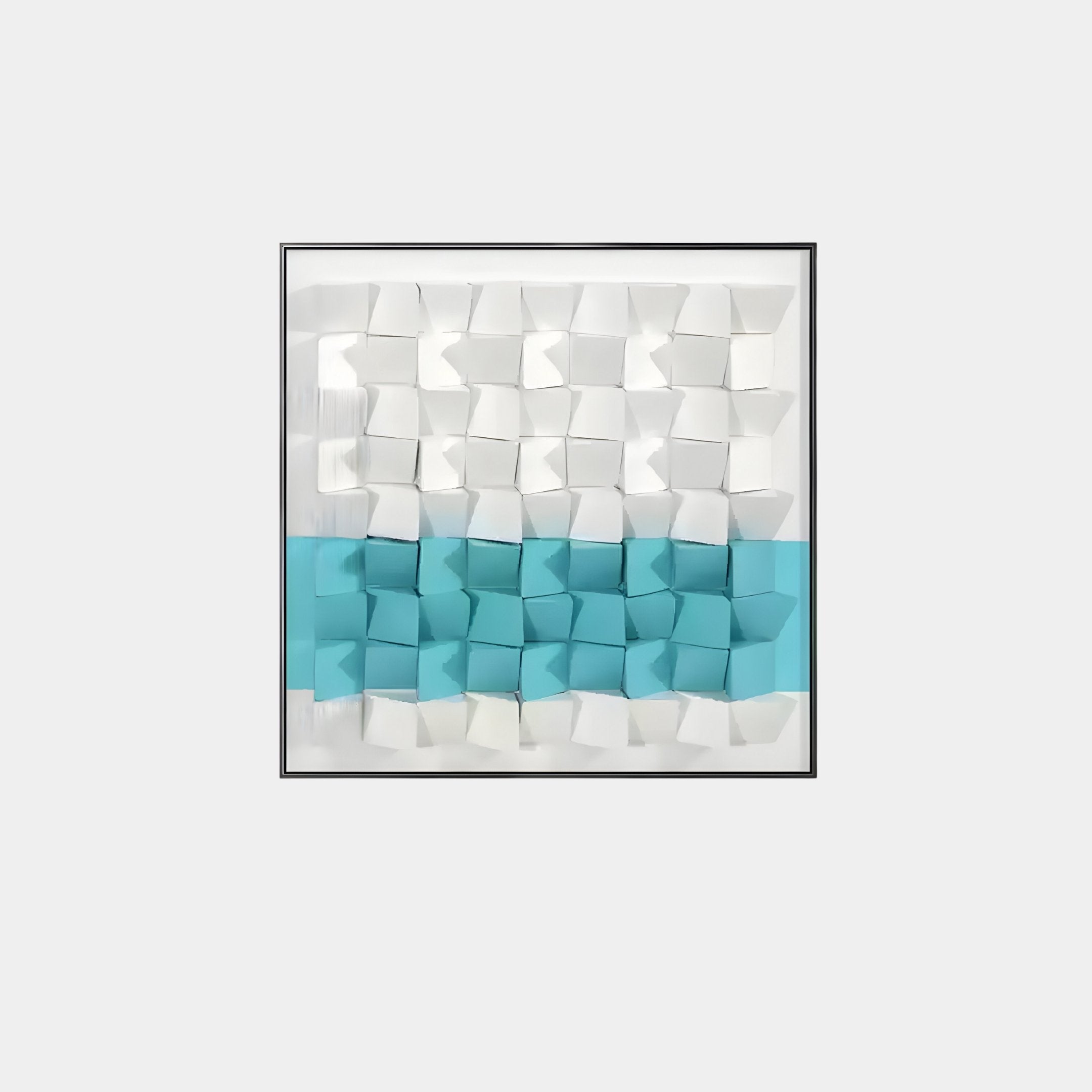 The Tessera White & Aqua II by Giant Sculptures is a framed abstract artwork featuring Nordic minimalism with geometric wood 3D cubes. It showcases a white upper section, a horizontal blue stripe, and hand-carved pine cubes on a light gray background.