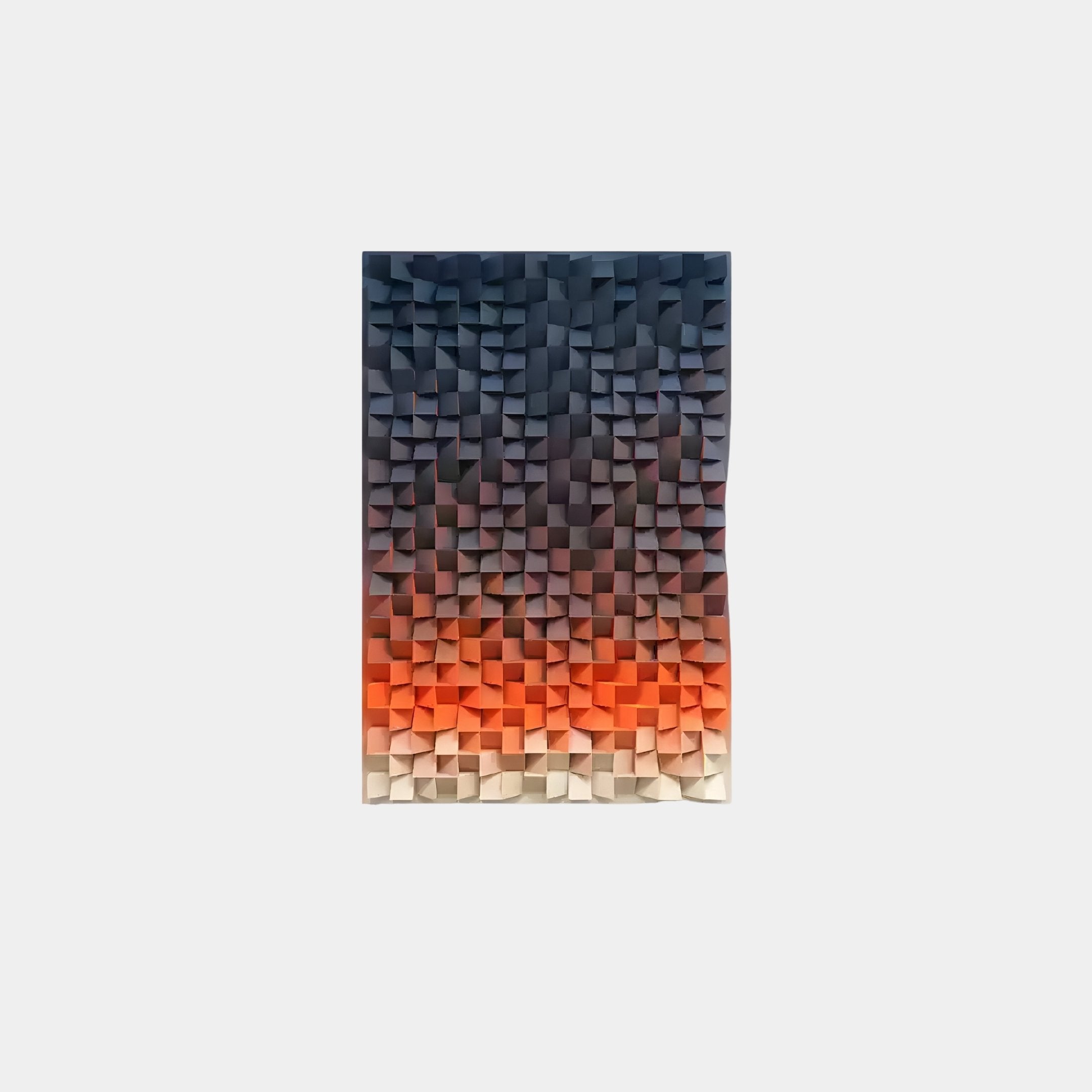 Discover the captivating elegance of the Stratiform Twilight Hue Wood Mosaic 3D Wall Art by Giant Sculptures, featuring a pine wood design with a dynamic twilight gradient from dark blue to bright orange and white, showcasing a 3D grid of raised cubes for a stunning visual effect.