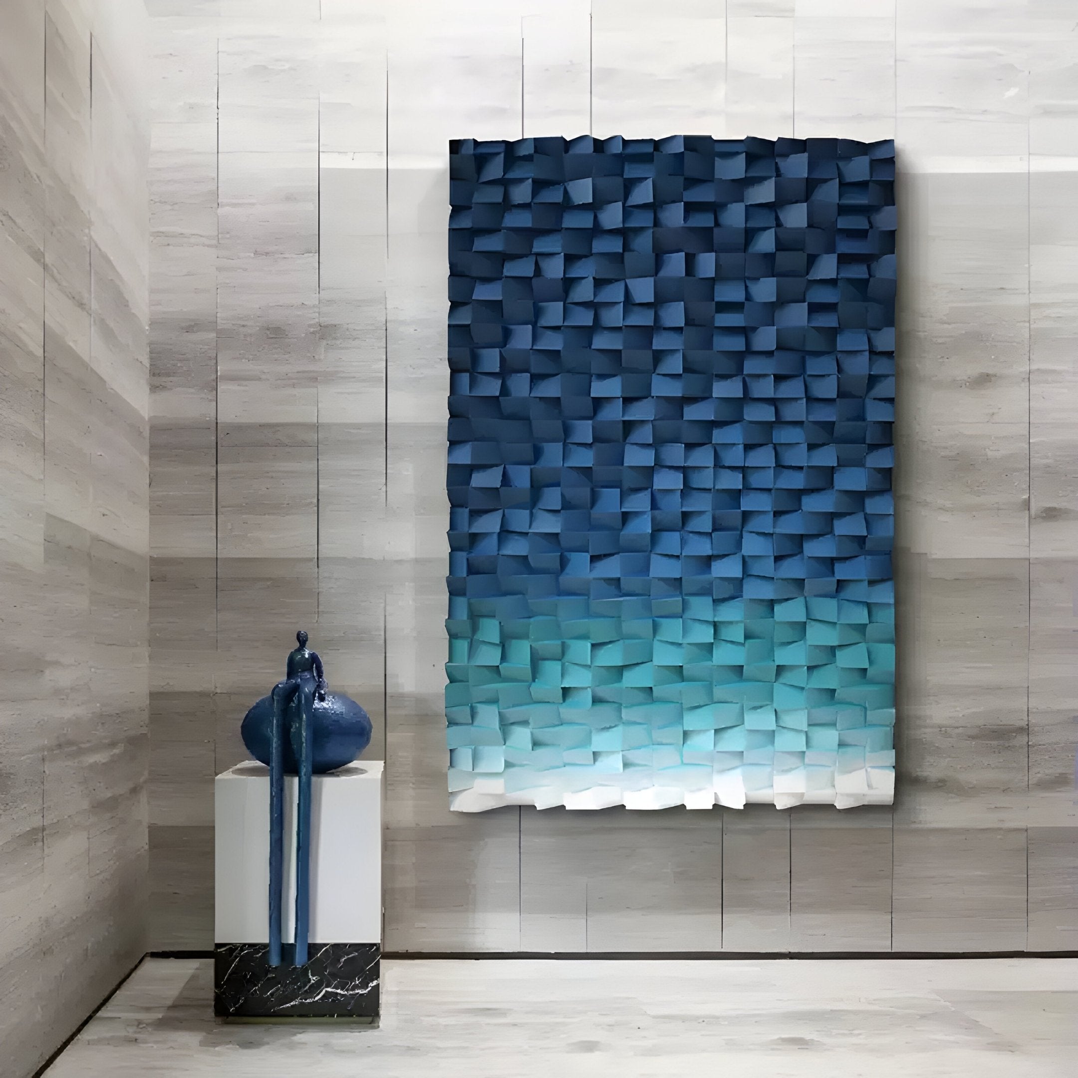 A modern art gallery features Giant Sculptures Stratiform Oceanic Blues Gradient Wood Mosaic 3D wall art, mirroring wave rhythms in blues and white. Nearby, a blue abstract figure perches on a pedestal, with light-toned gradient wood mosaic walls and flooring enhancing the ambiance.