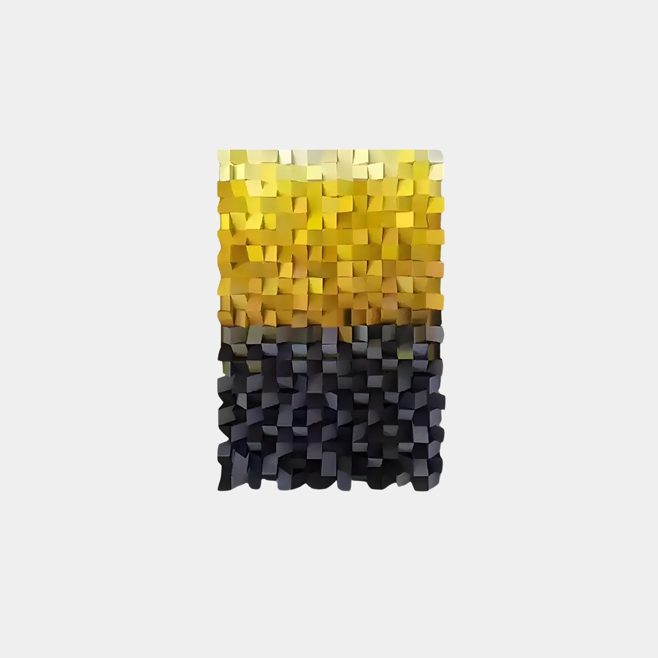 Giant Sculptures Stratiform Golden Glow Ombre Wood Mosaic 3D Wall Art showcases interlocking rectangular blocks with a top half shimmering in yellow and white, transitioning to dark gray and black at the bottom, all against a plain white background.