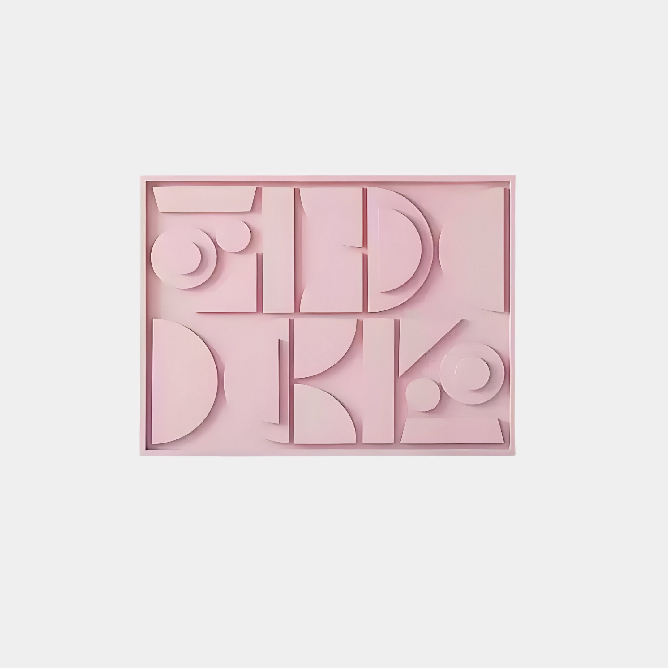 The Formate Soft Pink Geometric Wood Painted 3D Wall Art by Giant Sculptures features abstract circles, triangles, and rectangles in a neat rectangular frame, creating a minimalist and modern design ideal for contemporary decor.