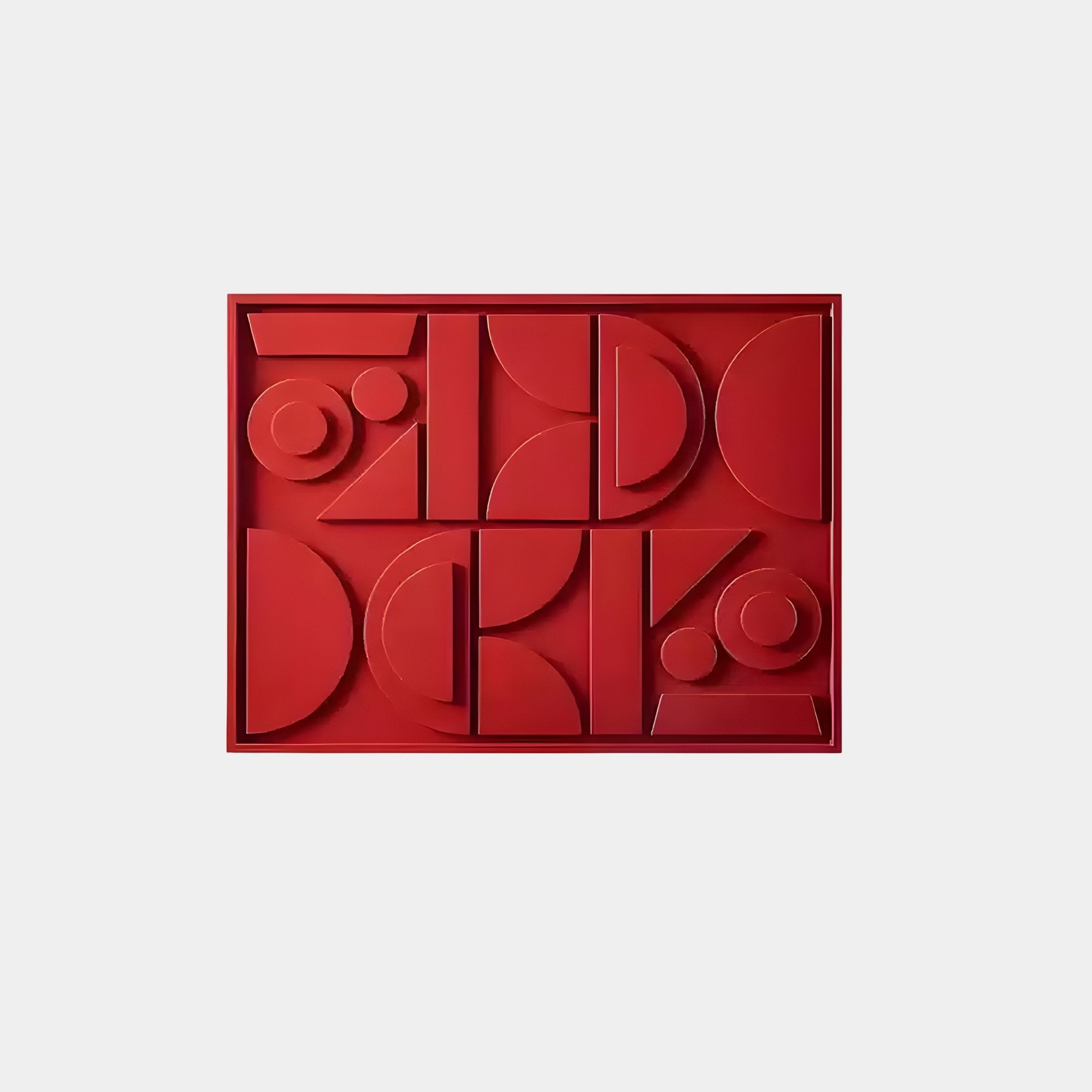 Formate Vibrant Red Geometric Wood Painted 3D Wall Art by Giant Sculptures features a modern design with red geometric shapes like circles, squares, and curves on a white background within a rectangular frame.