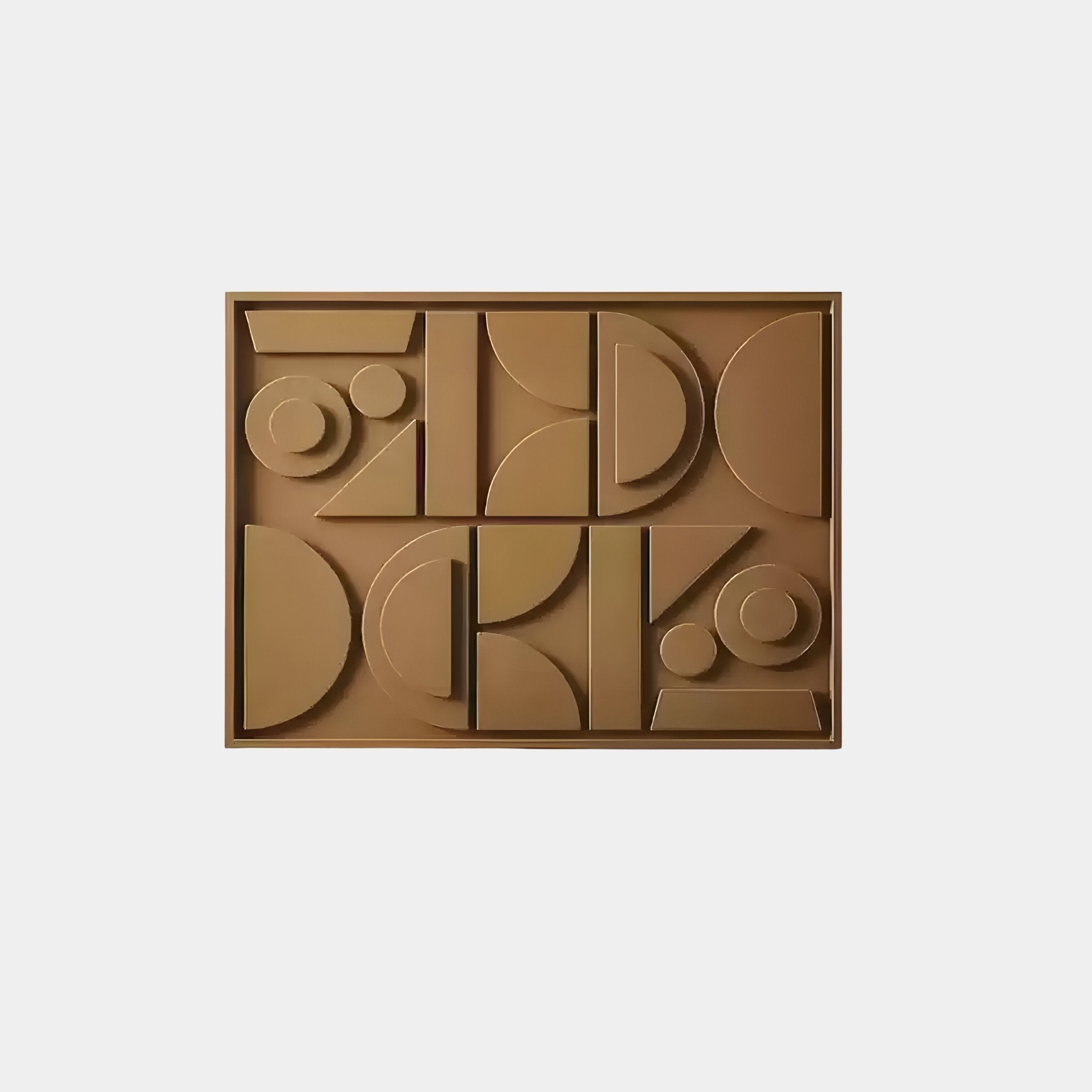 The Formate Golden Bronze Geometric Wood Painted 3D Wall Art by Giant Sculptures showcases a minimalist design with circles, half-circles, and rectangles in a rectangular frame. Its muted brown tones on a white background create an elegant and modern abstract look.